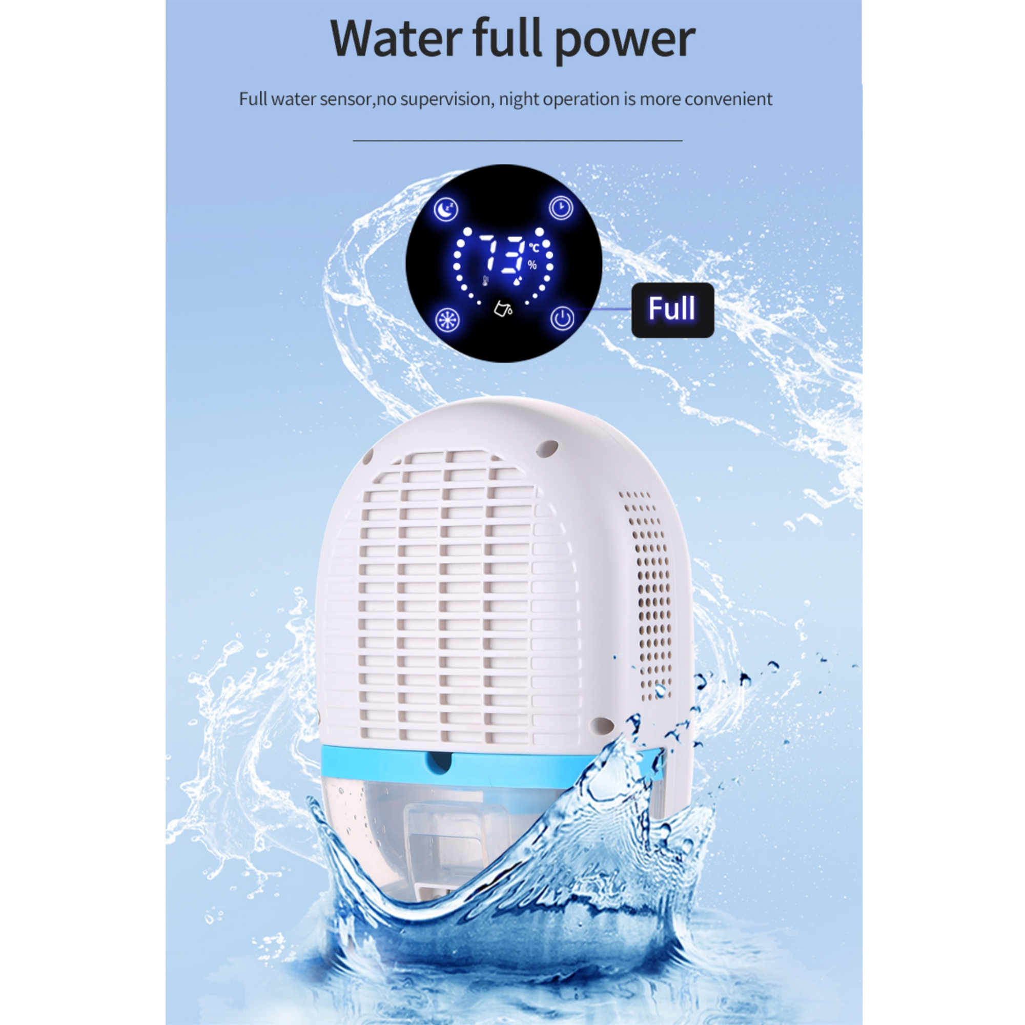 Ein weiß-blauer Luftentfeuchter mit Digitalanzeige, die einen Prozentsatz anzeigt. Der Hintergrund ist Wasser.
