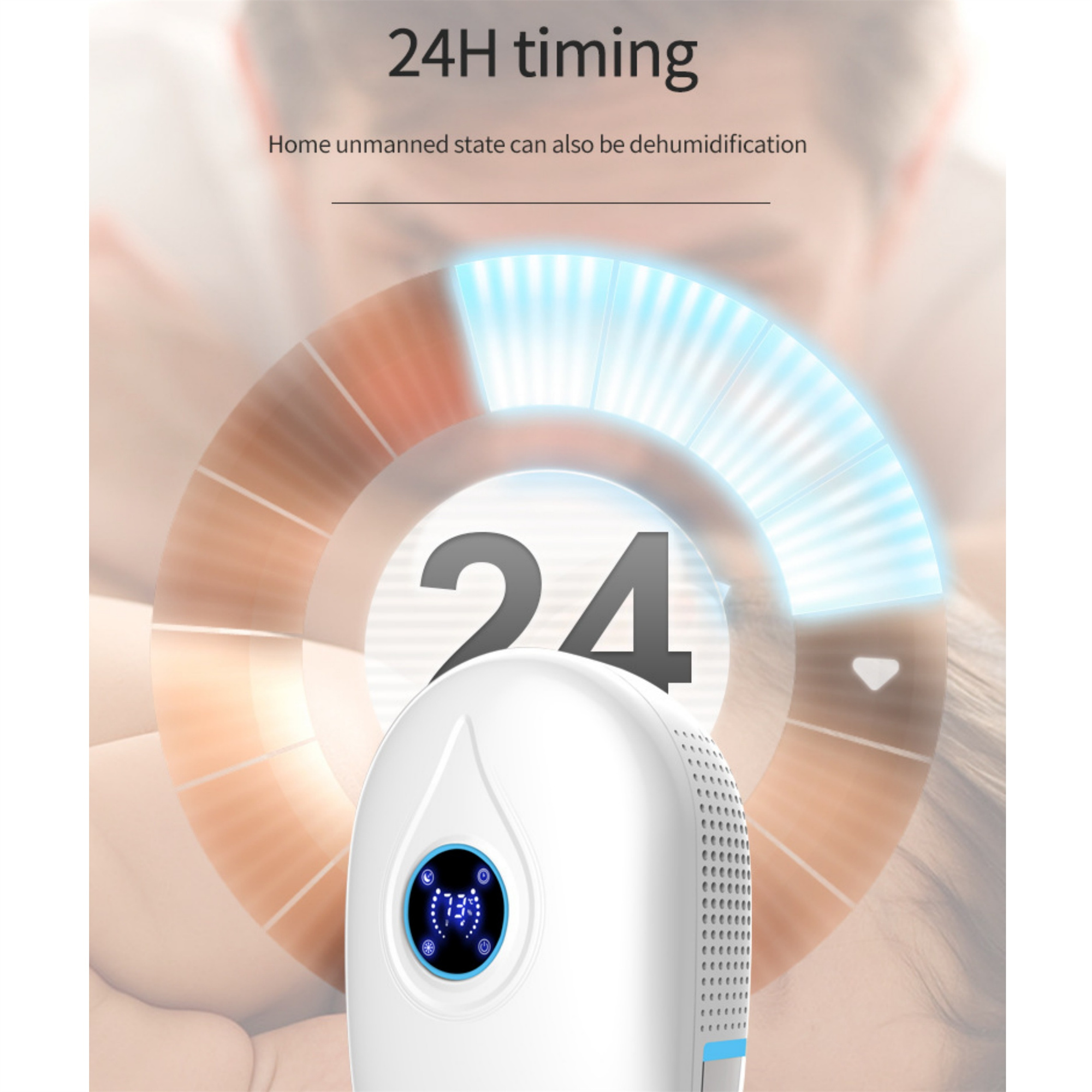 Weißer Luftentfeuchter mit Digitalanzeige und 24-Stunden-Timer, verschwommener Hintergrund Person.