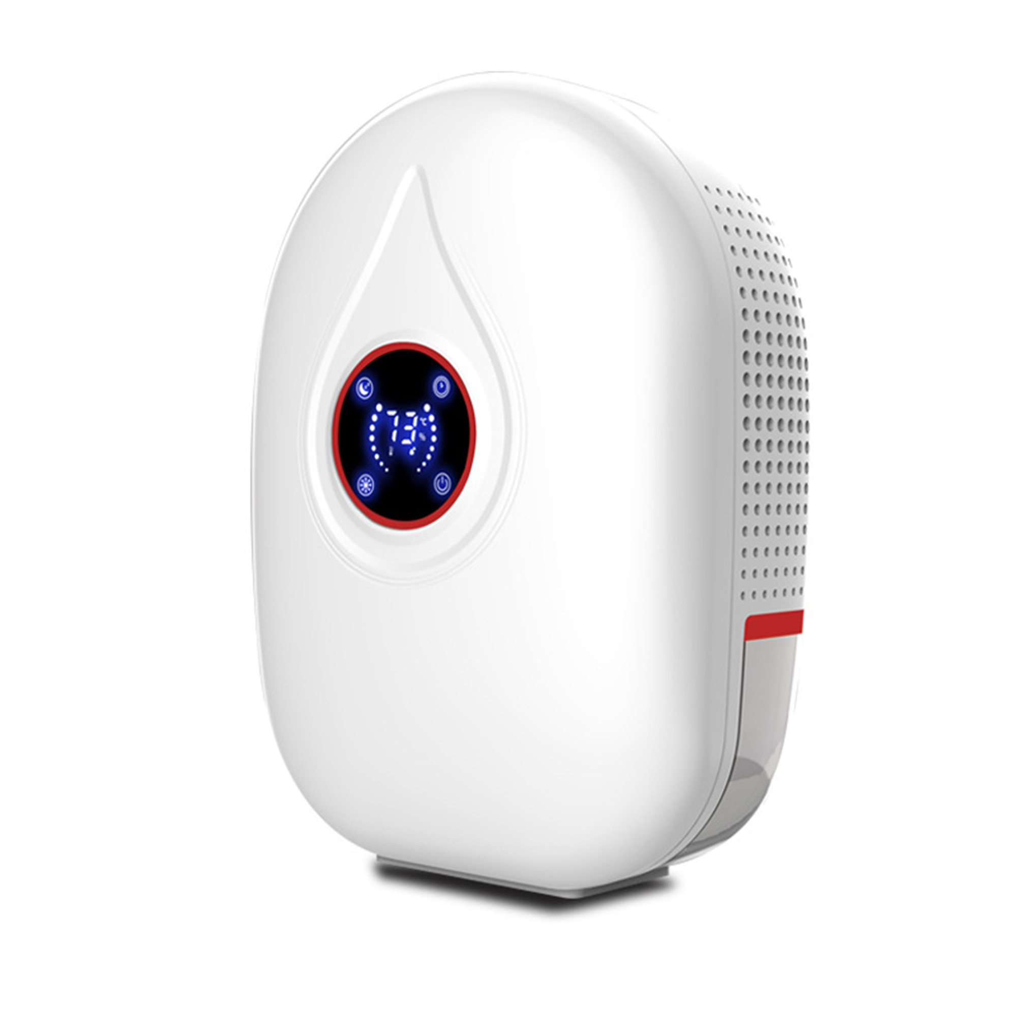 Weißer Warmwasserbereiter mit digitaler Anzeige. Roter Ring umgibt die Anzeige.