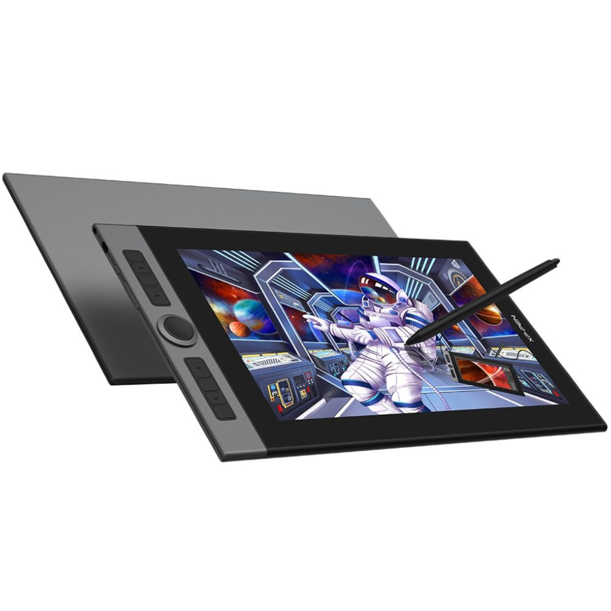 Ein Tablet mit Stift und Zeichnung auf dem Bildschirm. Der Hintergrund ist ein Raumschiff.