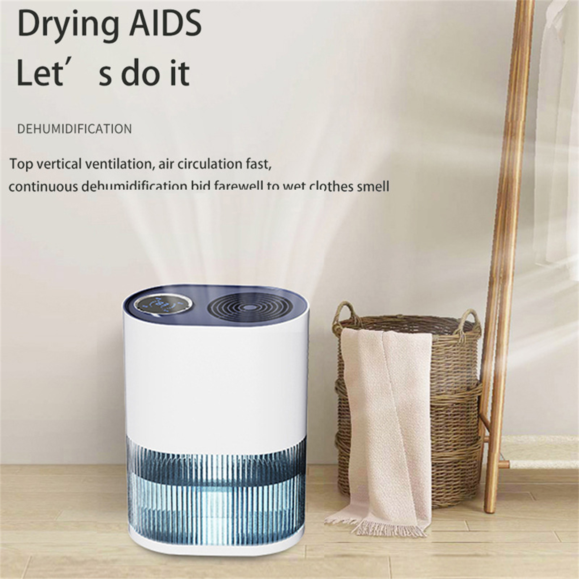 Weiß-blauer Luftentfeuchter mit Text und einem Korb mit einem Handtuch. Text sagt Drying Aids Let's do it.