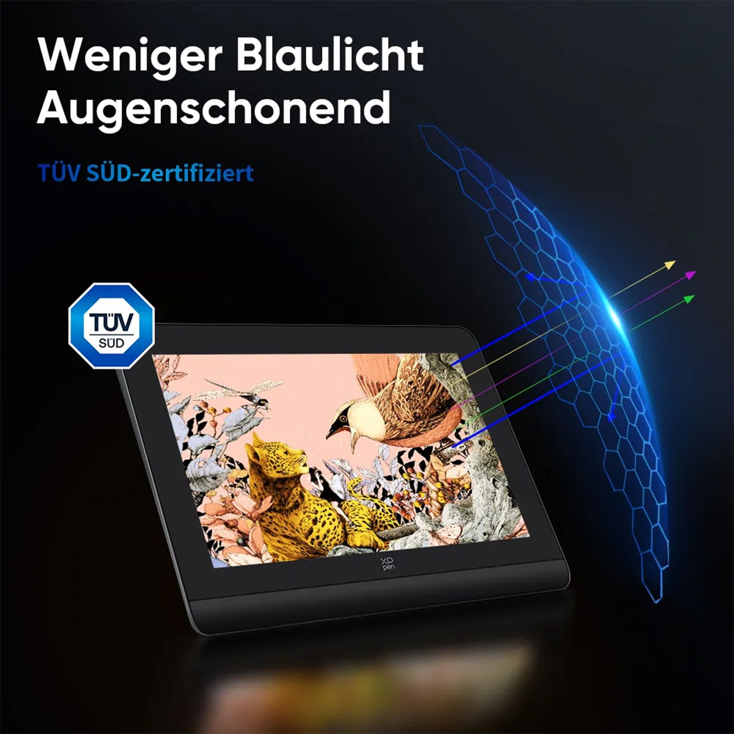 Schwarzes Zeichentablett mit bunter Illustration. Text: Weniger Blaulicht, augenschonend.