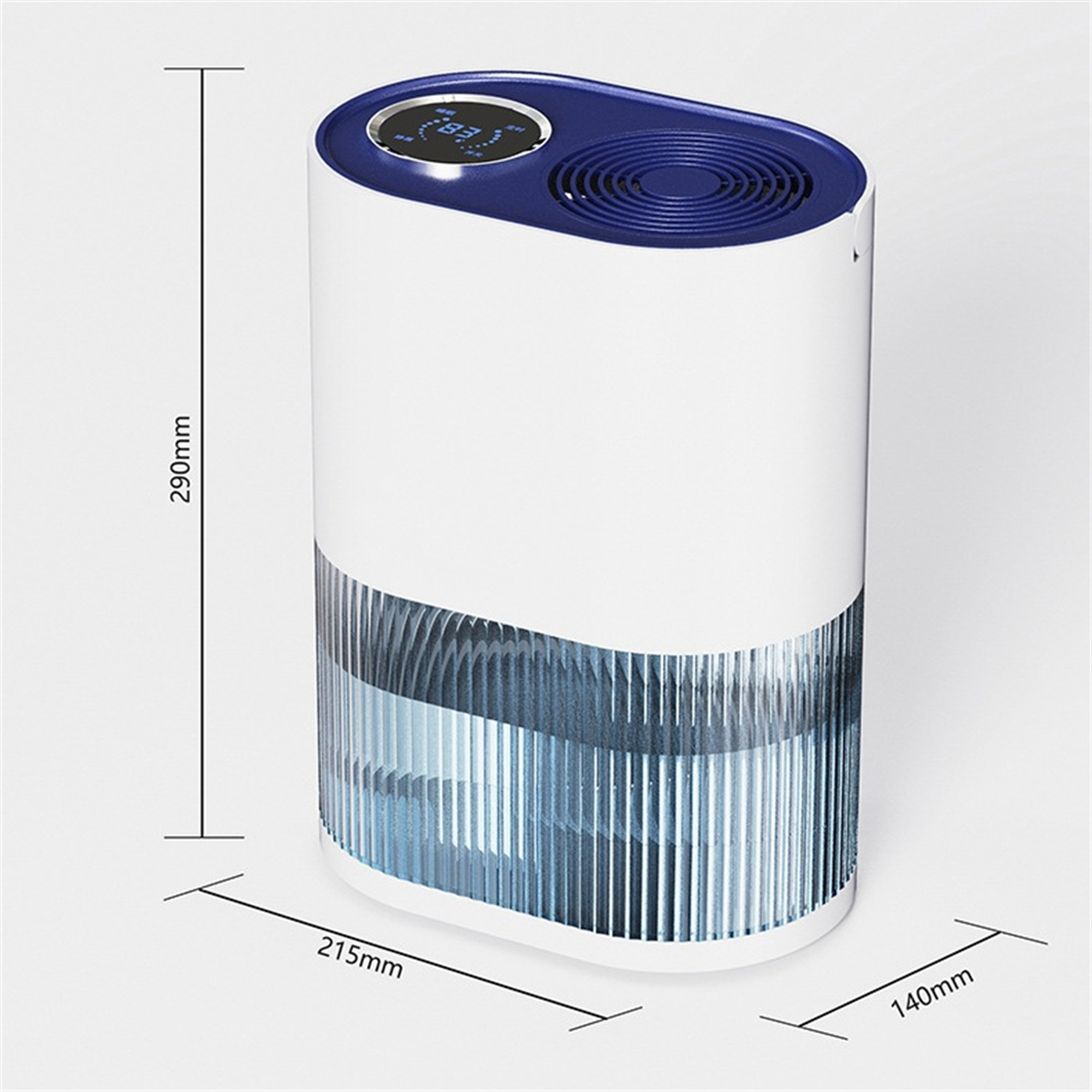 Weißer und blauer Luftreiniger mit Maßangaben. Er hat ein digitales Display oben und eine transparente Wasserkammer unten.