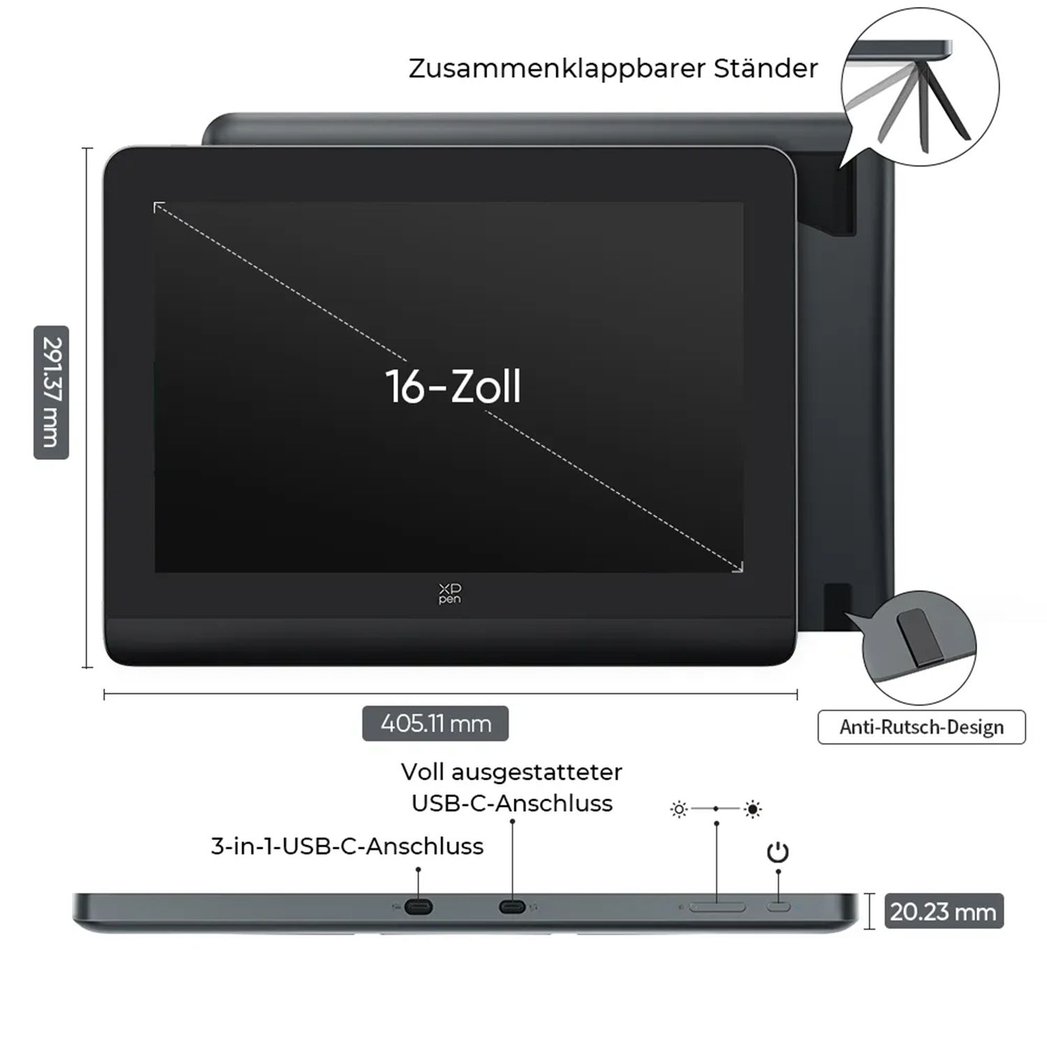 Schwarzes Grafiktablett mit Abmessungen und einem Ständer auf Weiß.