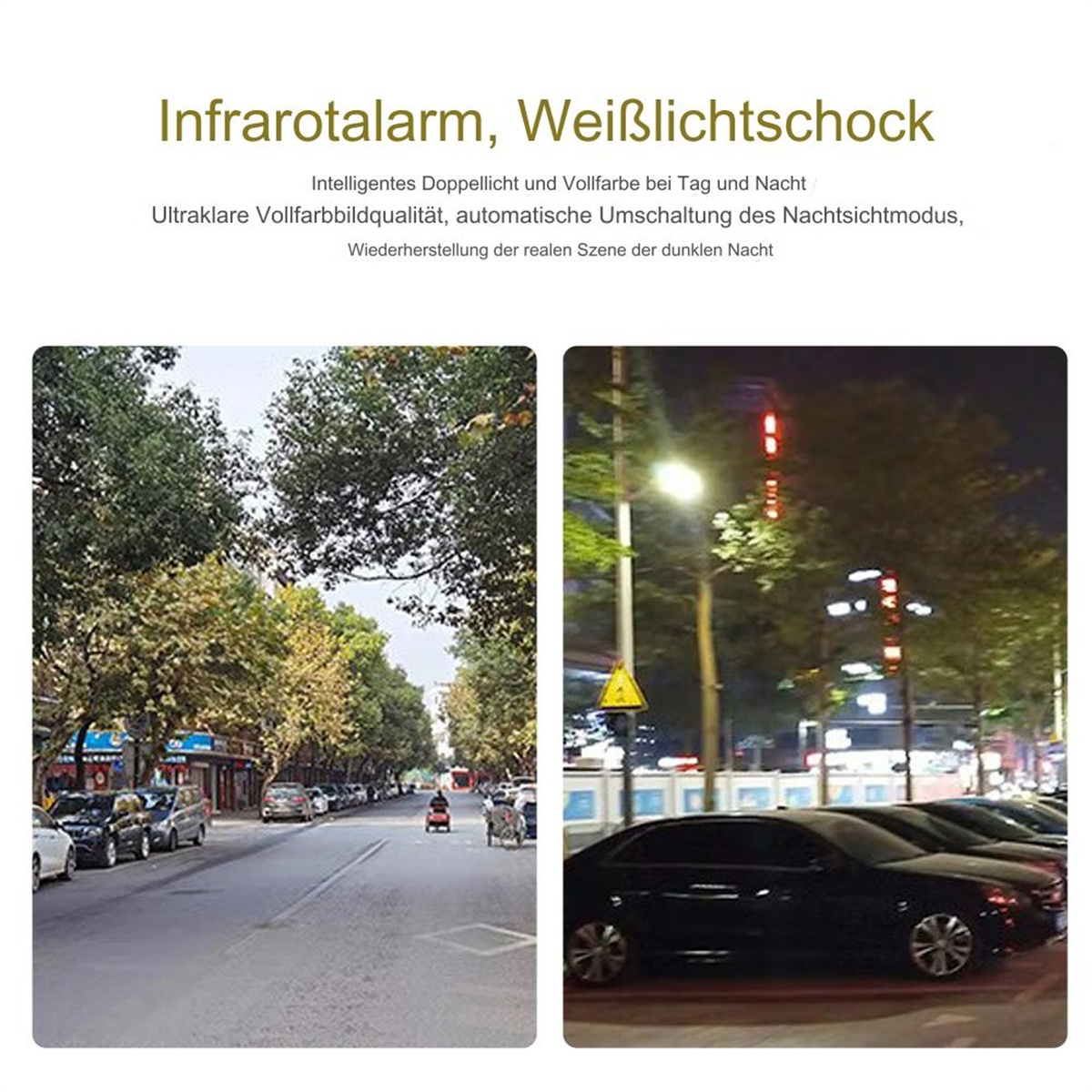Straßenszene mit zwei Bildern: Tageslicht und Nacht mit Autos.