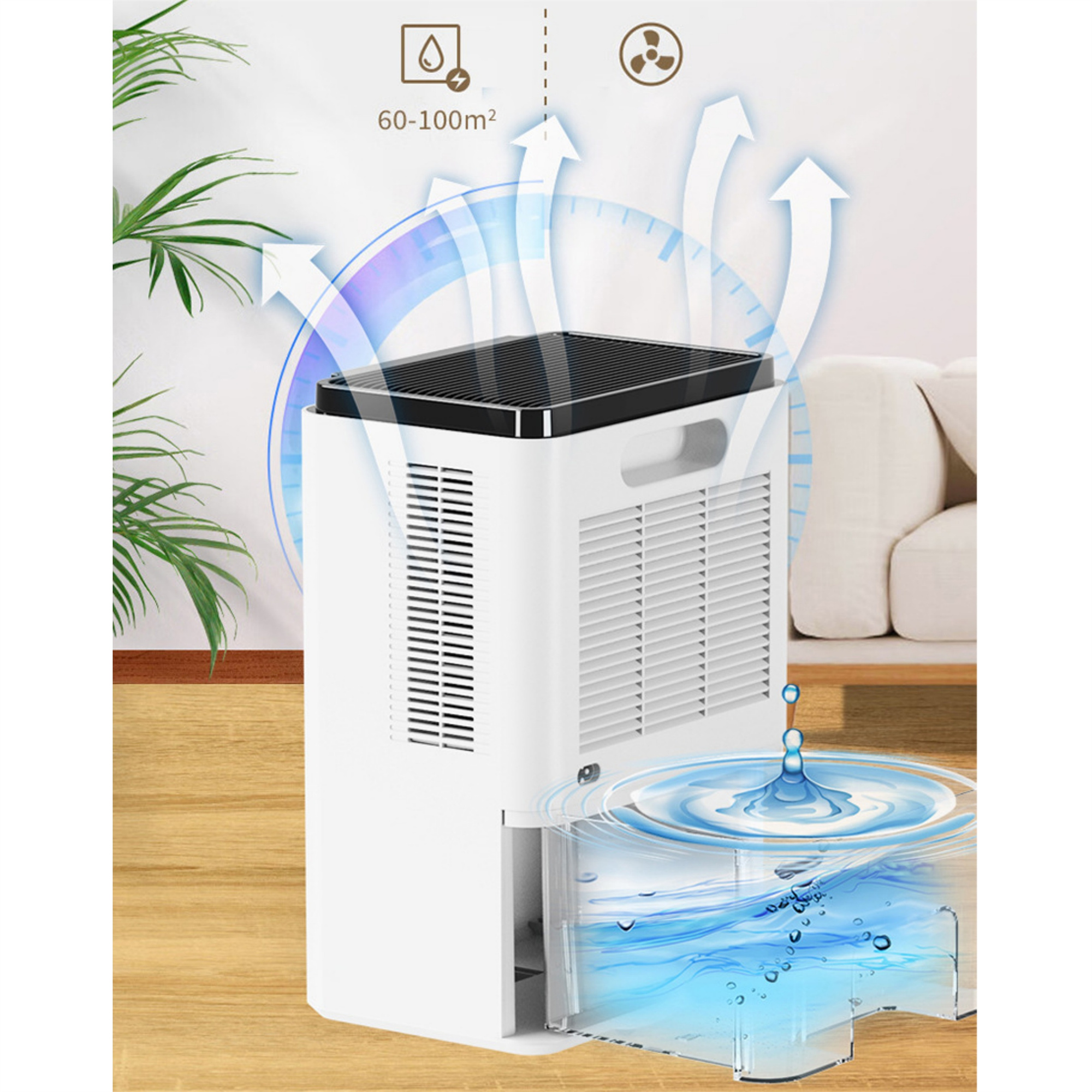 Weißer Luftentfeuchter mit Wassersammlung. Blaue Pfeile zeigen den Luftstrom an. Grüne Pflanzen im Hintergrund.