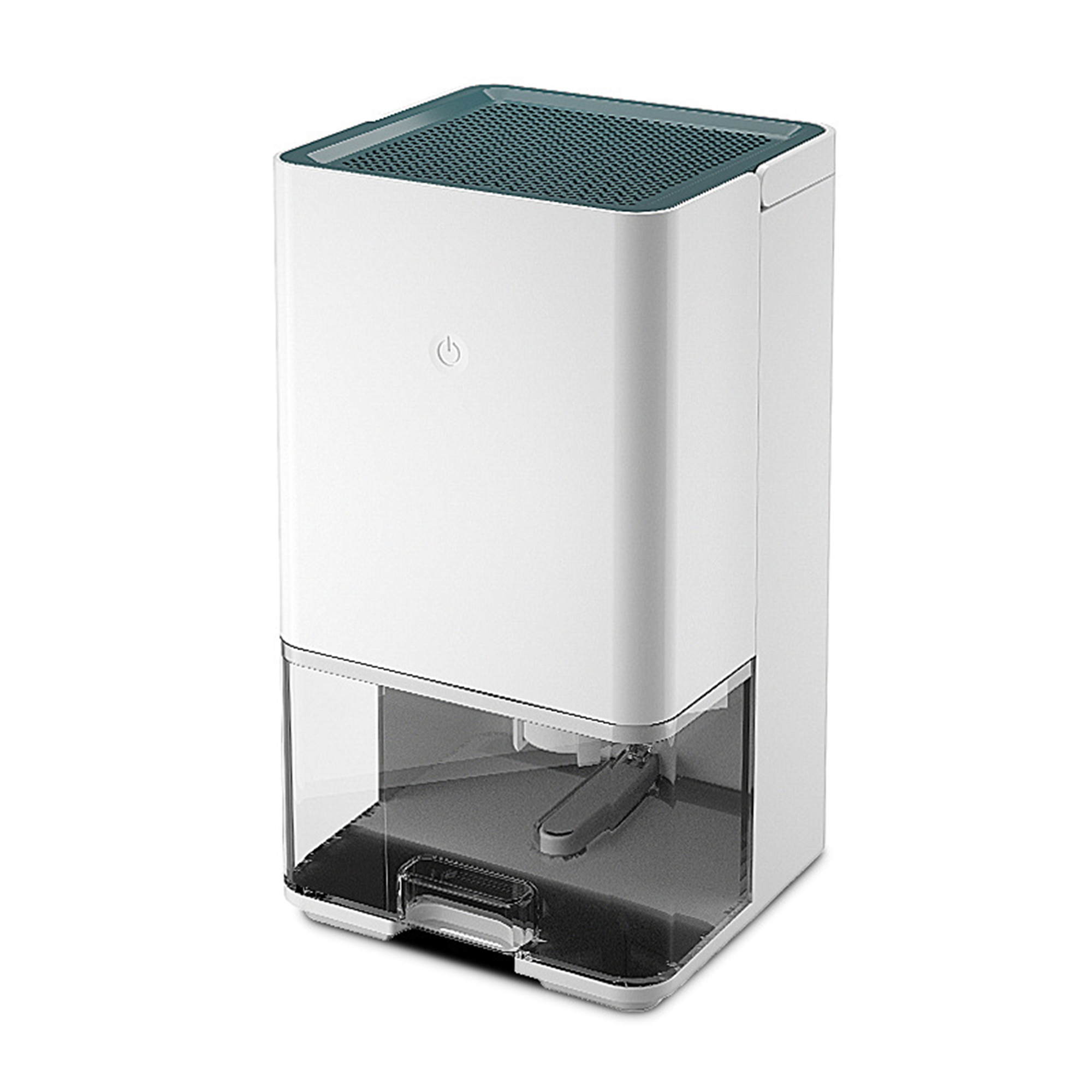 Weißer Luftentfeuchter mit transparentem Wassertank unten. Die Oberseite ist dunkelblaugrün. Hat einen Power-Knopf.