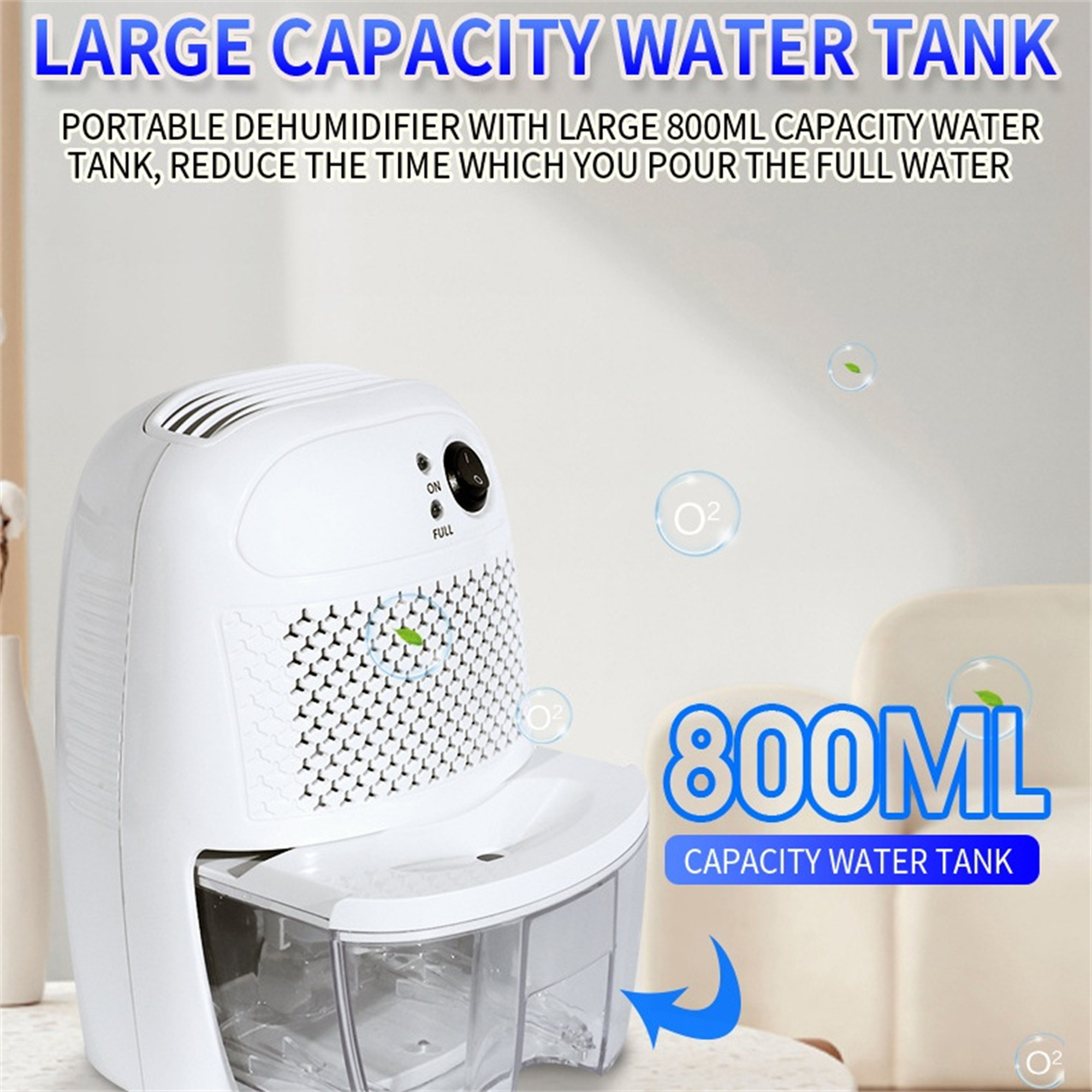 Weißer Luftentfeuchter mit Wassertank, Text-Overlay. Blauer Hintergrund. Wassertröpfchen.