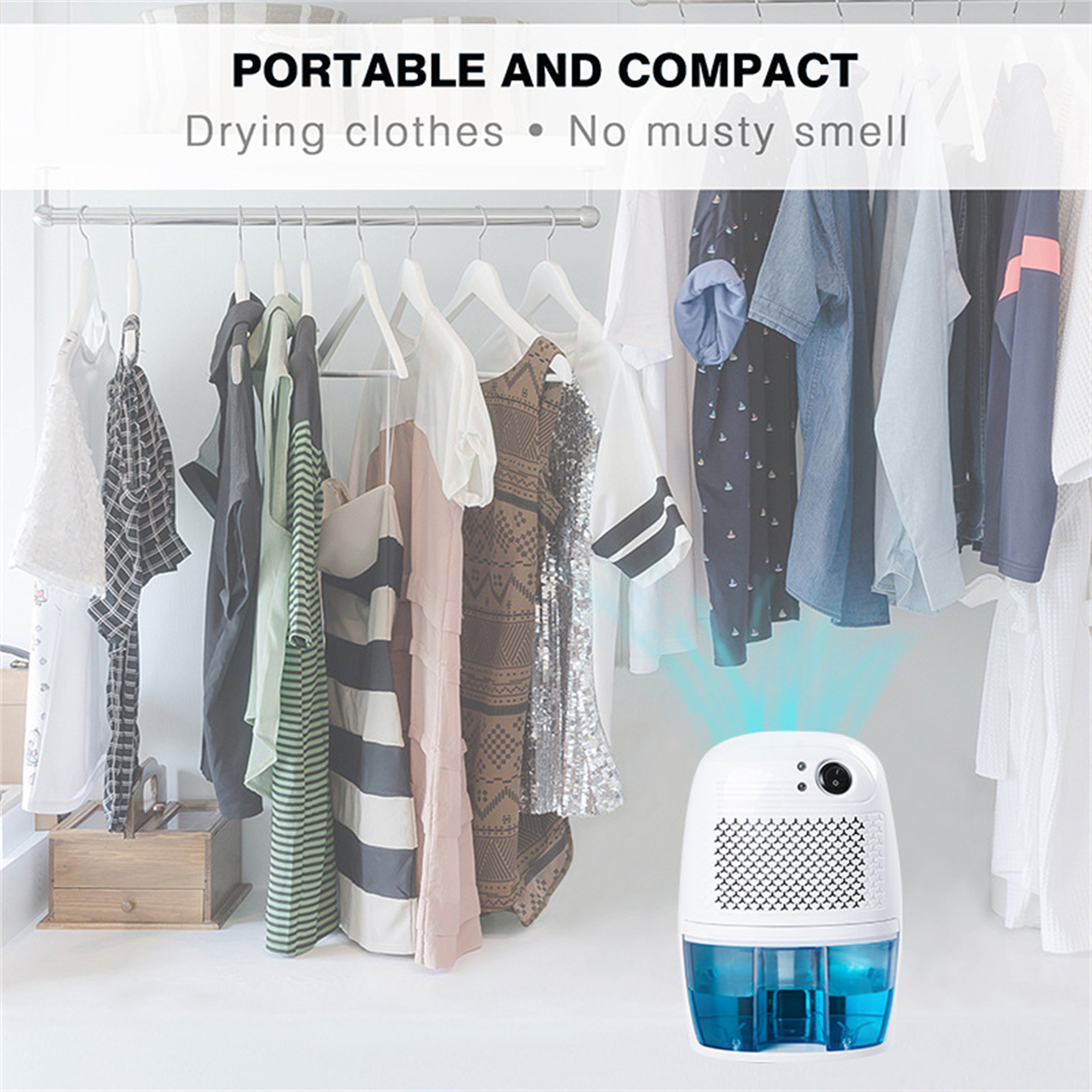 Ein tragbarer Trockenständer mit Kleidung. Text: 'PORTABLE AND COMPACT' und 'Drying clothes • No musty smell'.