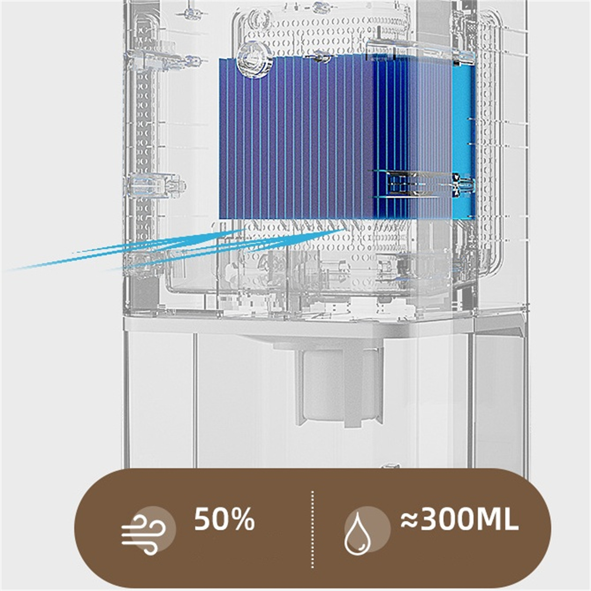 Transparenter Luftbefeuchter mit blauem Filter, Tröpfchen und 50% Feuchtigkeitsanzeige.
