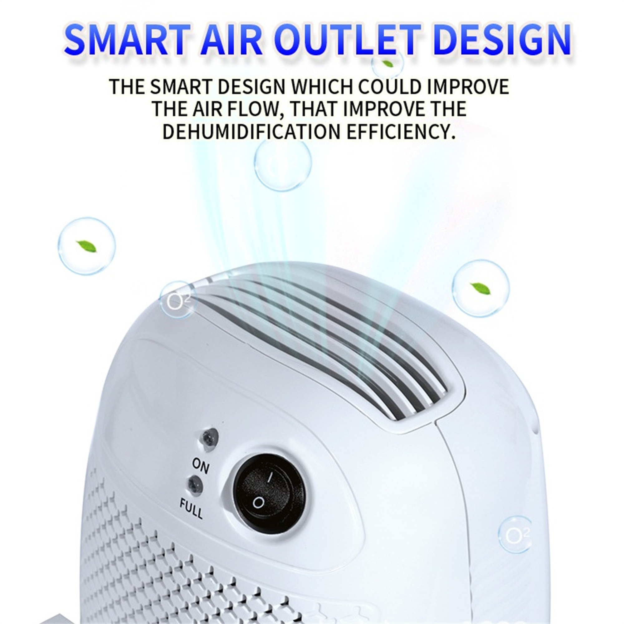 Weißer Luftentfeuchter mit beschriftetem Ein-/Ausschalter und dem Text 'Smart Air Outlet Design'.