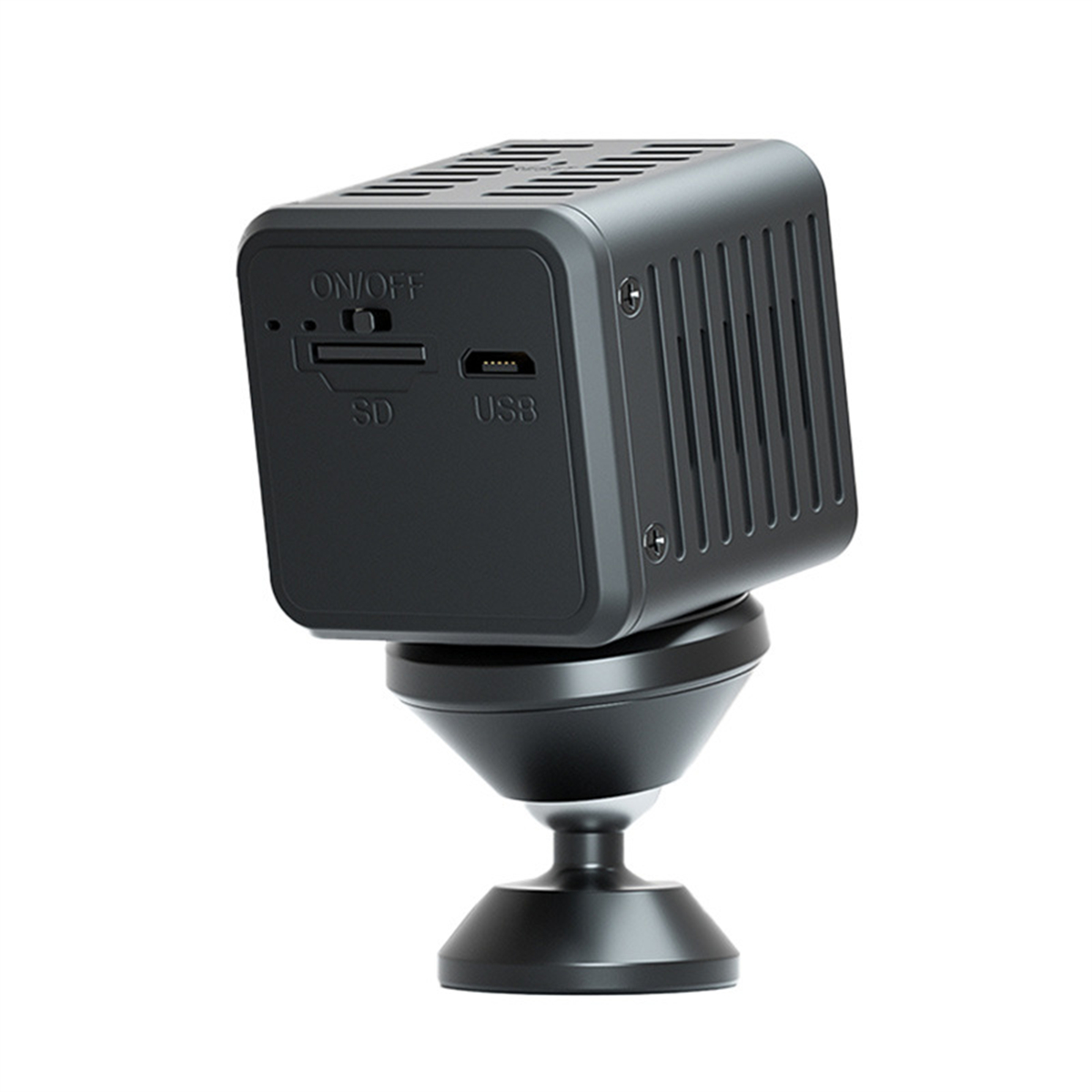 Schwarze Würfelkamera mit SD/USB-Anschlüssen auf einem schwarzen Ständer.