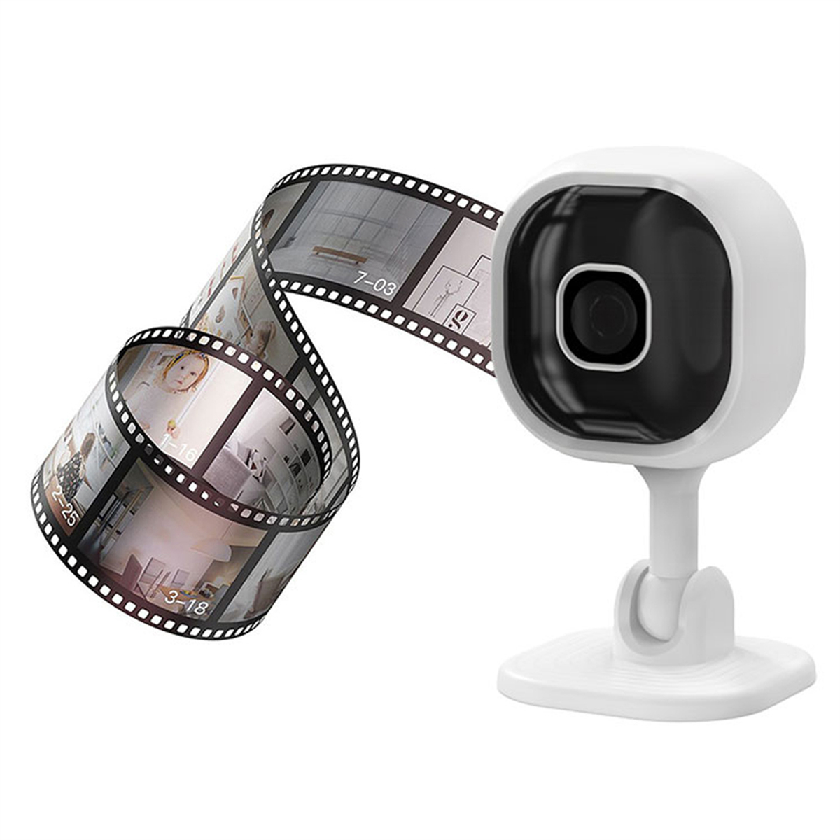 Weiße Überwachungskamera mit einem Filmstreifen, der herauskommt.