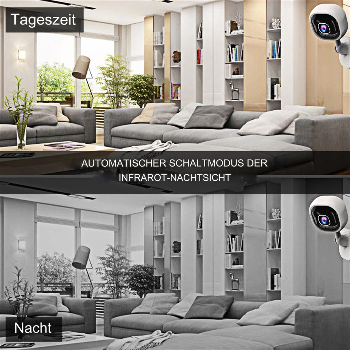 Ein Wohnzimmer-Szene bei Tag und Nacht, mit Überwachungskameras.