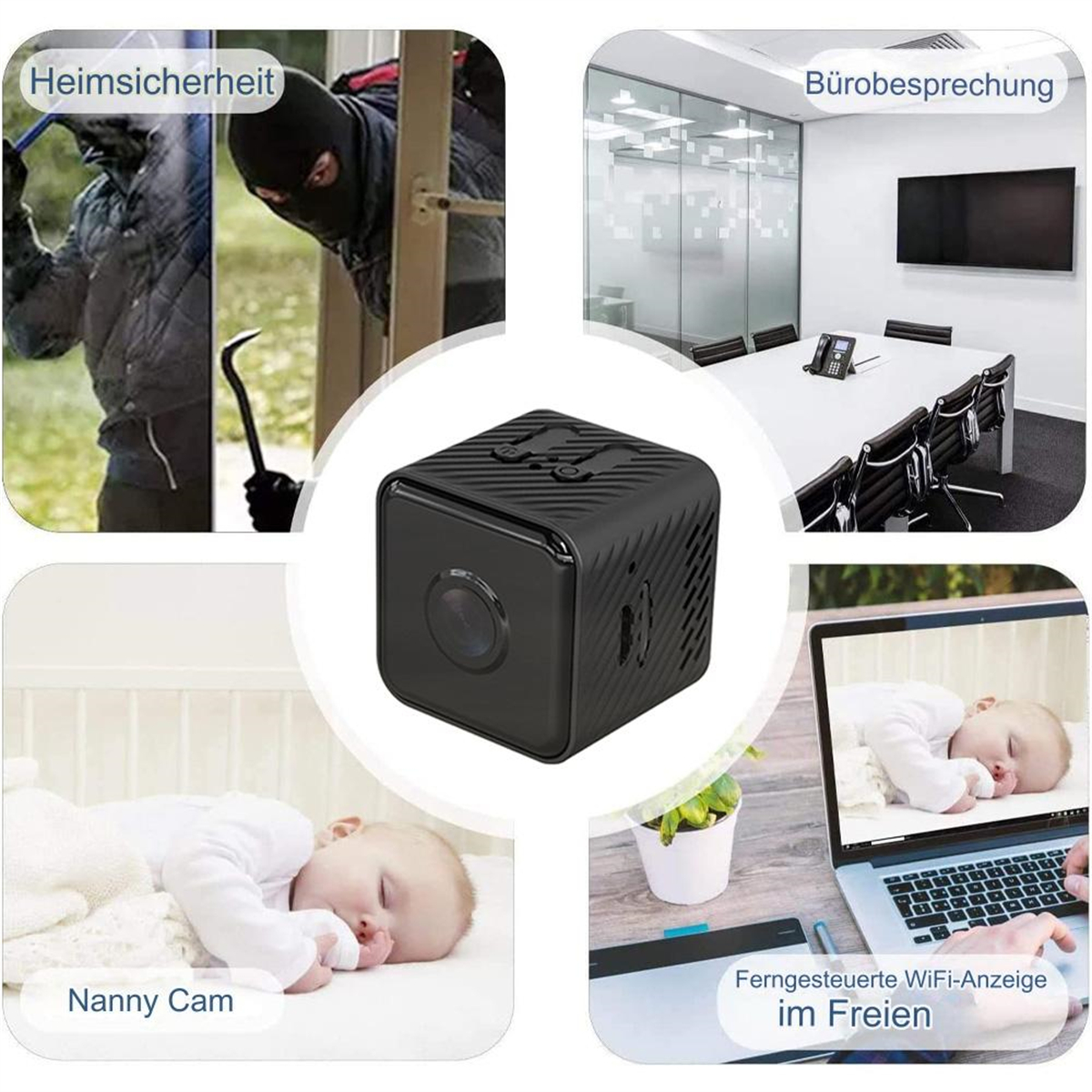 Eine schwarze quadratische Kamera mit Szenen: Einbruch, Besprechung, Baby und Fernansicht auf einem Laptop.