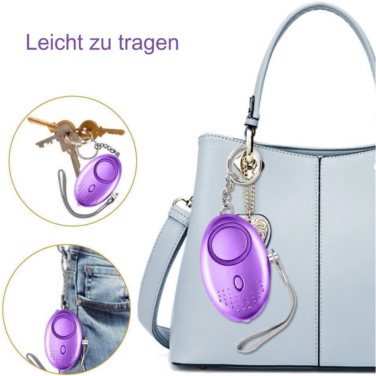 Ein violetter persönlicher Sicherheitsalarm an Schlüsseln, einer Handtasche und einer Tasche befestigt.