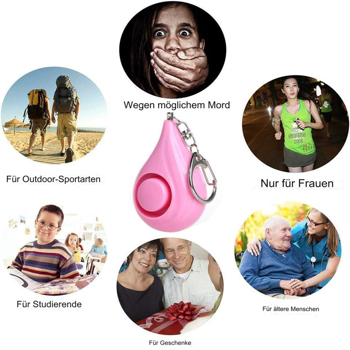Ein rosa Alarm mit Schlüsselanhänger, umgeben von Bildern, die seine Verwendung darstellen.
