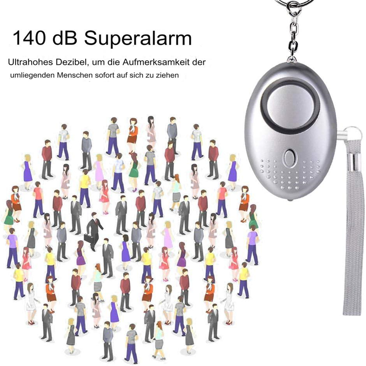 Silbernes Alarmgerät mit Schlüsselband und einer Menge winziger Personen im Hintergrund.