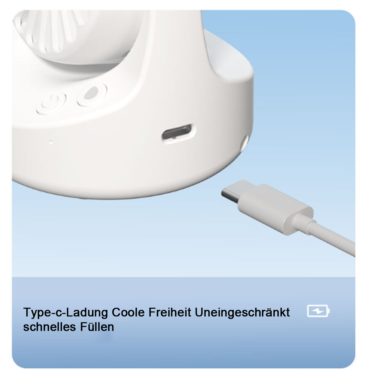 Ein weißer Ventilator mit USB-C-Anschluss und Ladekabel.