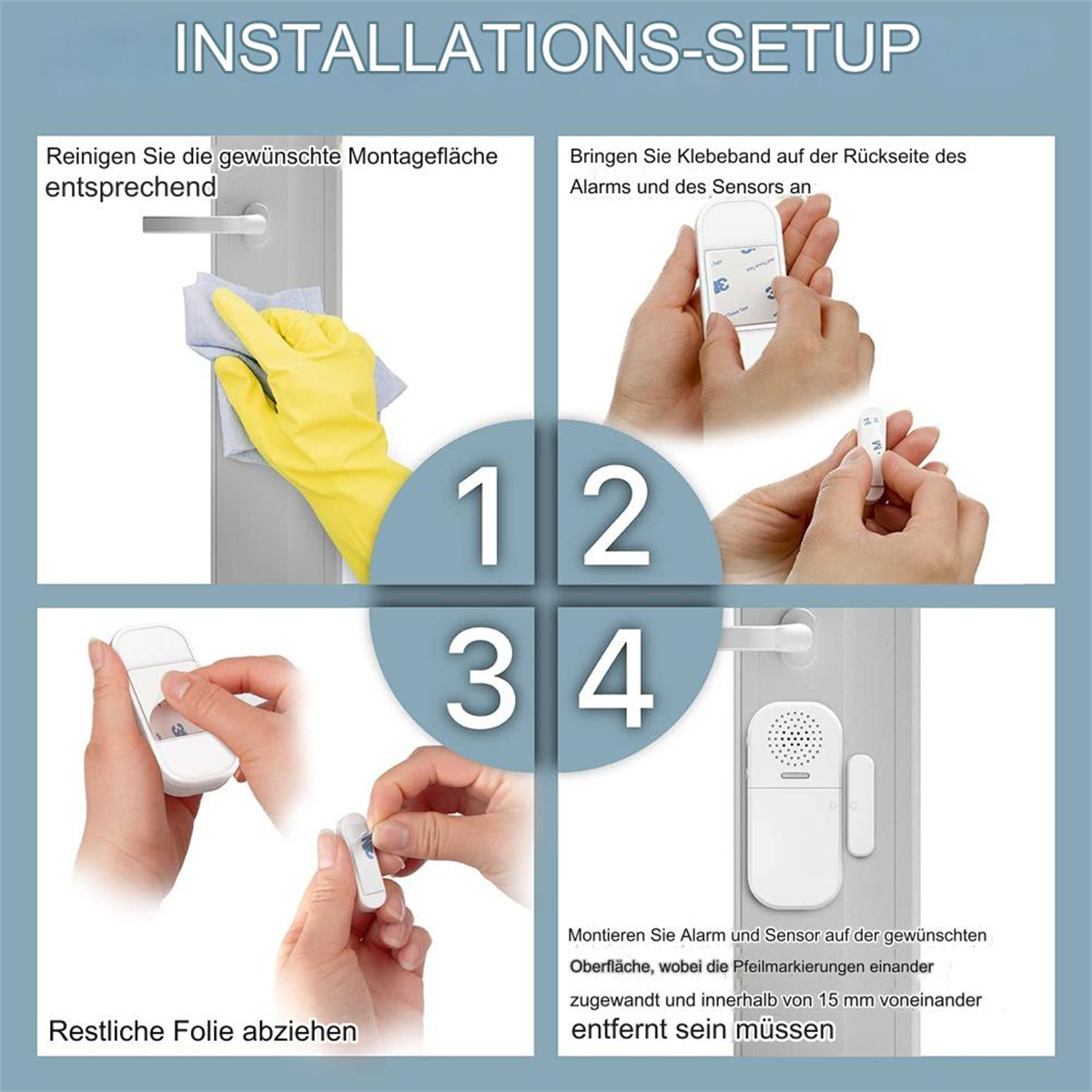 Schritt-für-Schritt-Installationsanleitung. Hände interagieren mit Komponenten, Zahlen 1-4, Textanweisungen.