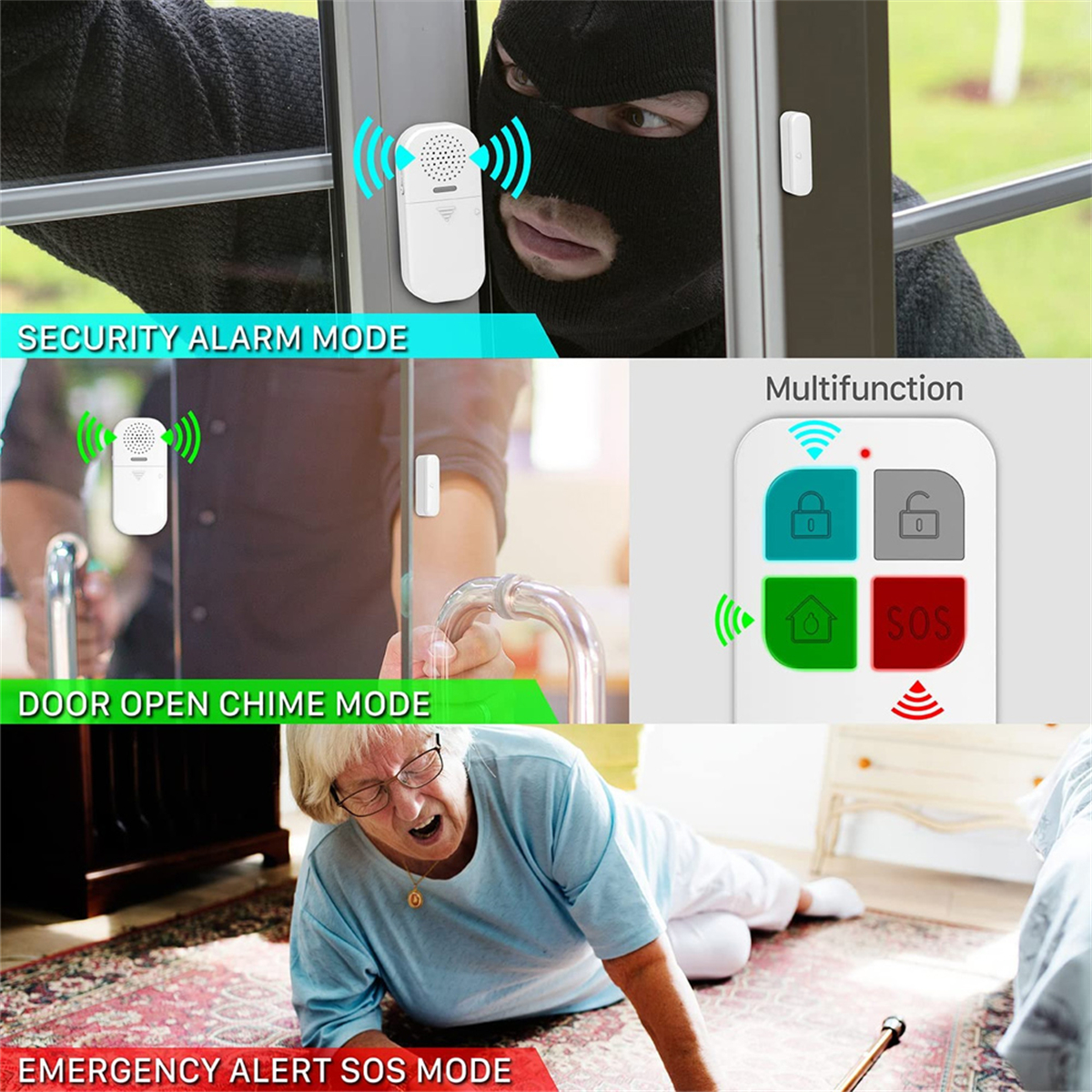 Ein Sicherheitssystem mit Einbrecher, Türklingelmodus und Notfallalarmmodus.
