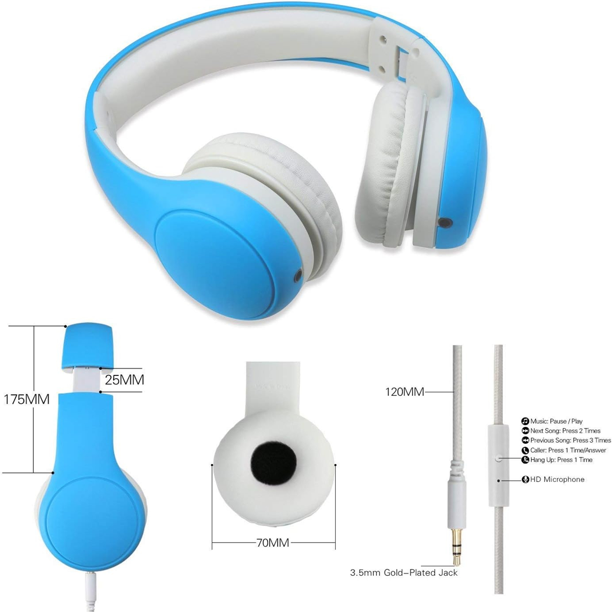 Blaue und weiße Kopfhörer, offen. Details umfassen Abmessungen und einen 3,5-mm-vergoldeten Stecker.