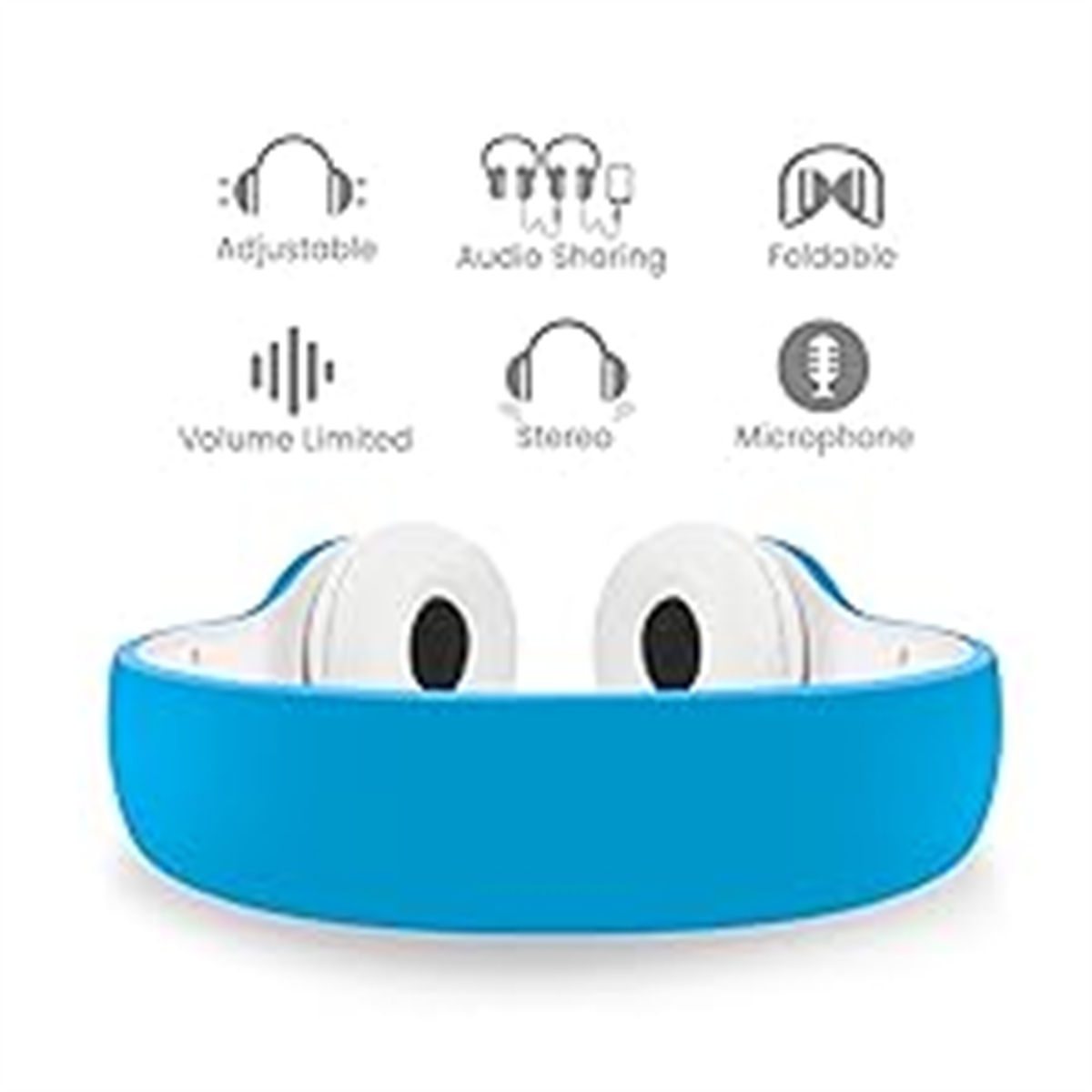 Kopfhörer mit verschiedenen Symbolen. Einstellbar, Audiofreigabe, faltbar, volumenbegrenzt, Stereo und Mikrofon.