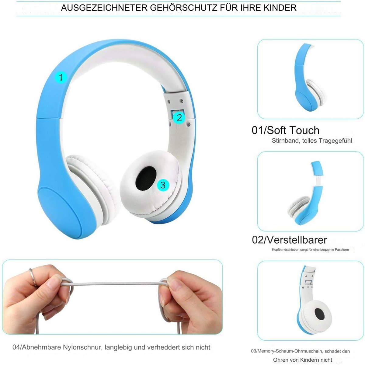 Blaue und weiße Kopfhörer. Verschiedene Ansichten mit beschrifteten Teilen und Nylonschnur.