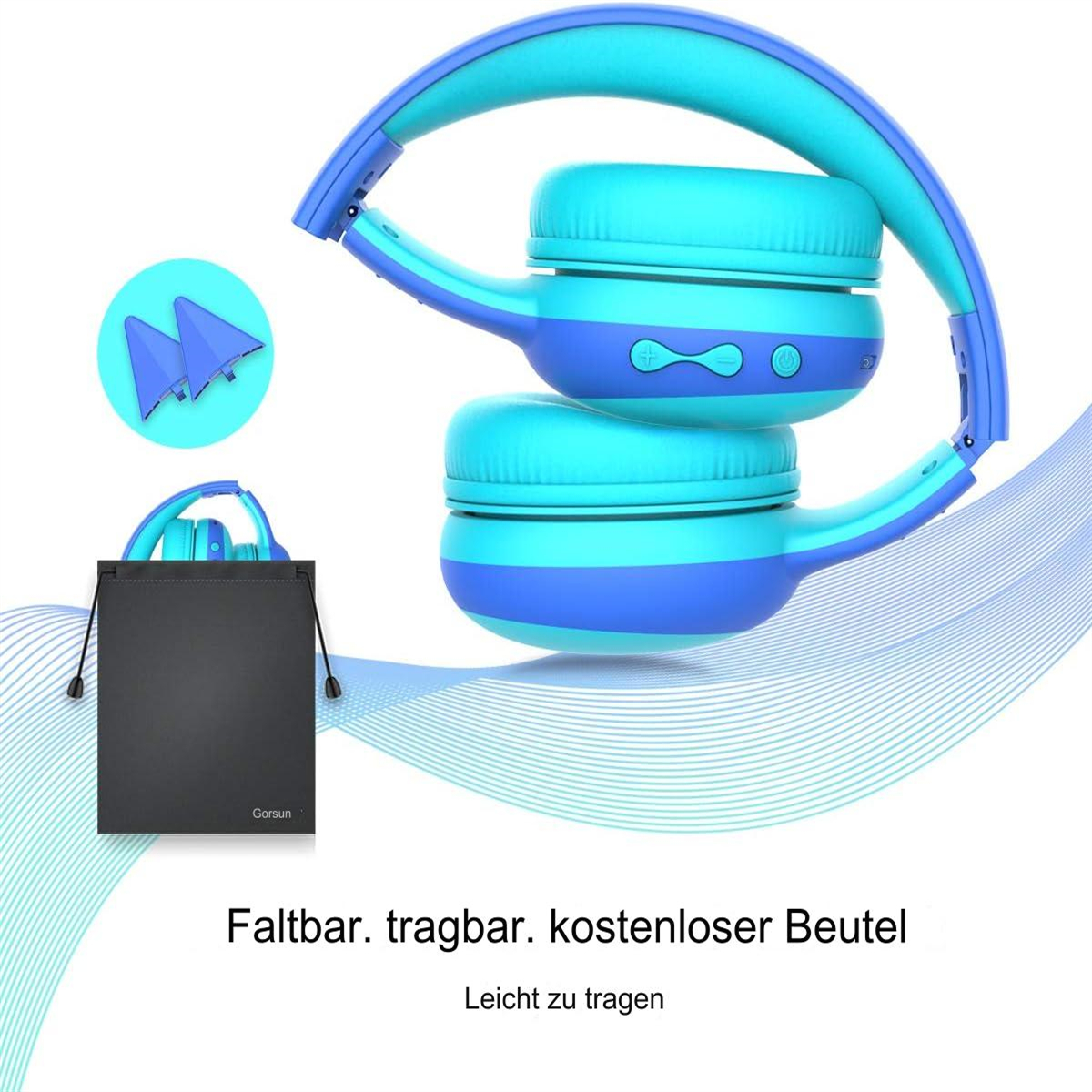 Blau-türkisfarbene faltbare Kopfhörer mit einer Tragetasche.
