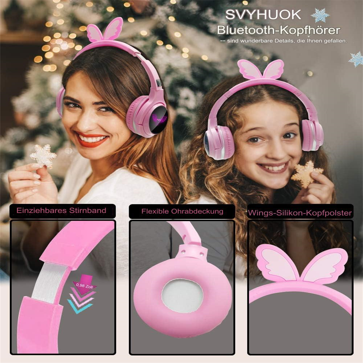 Zwei Frauen tragen rosa Kopfhörer mit Hasenohren. Nahaufnahmen zeigen Kopfbügel- und Ohrmuscheldetails.