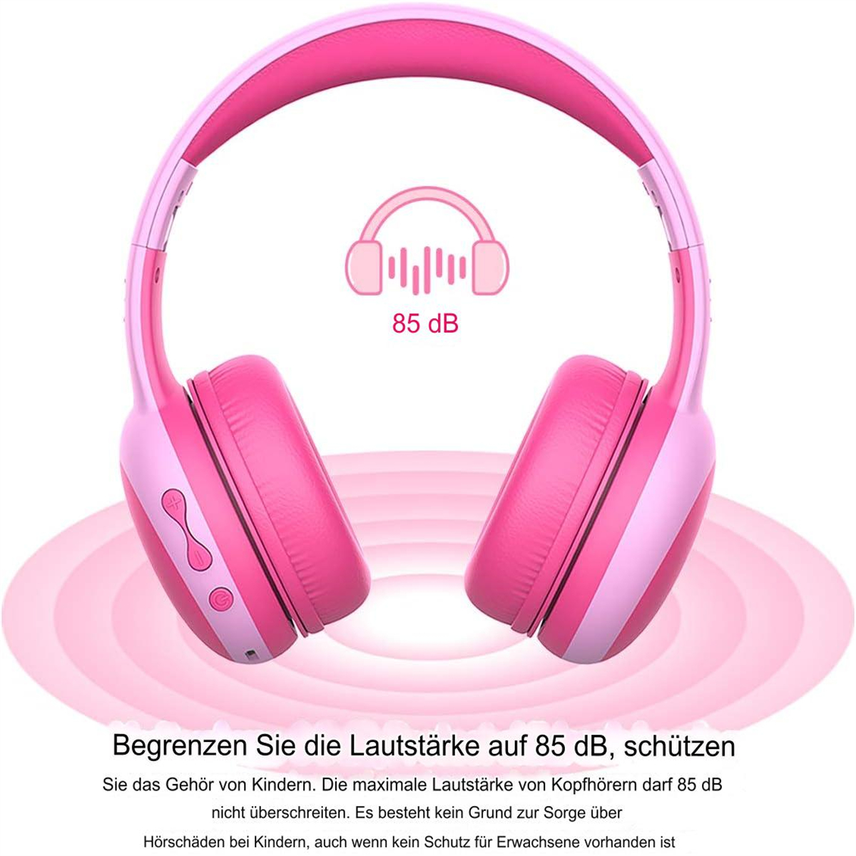 Rosa Kopfhörer mit Lautstärkebegrenzung und 85 dB Grafik, vor rosa Hintergrund.