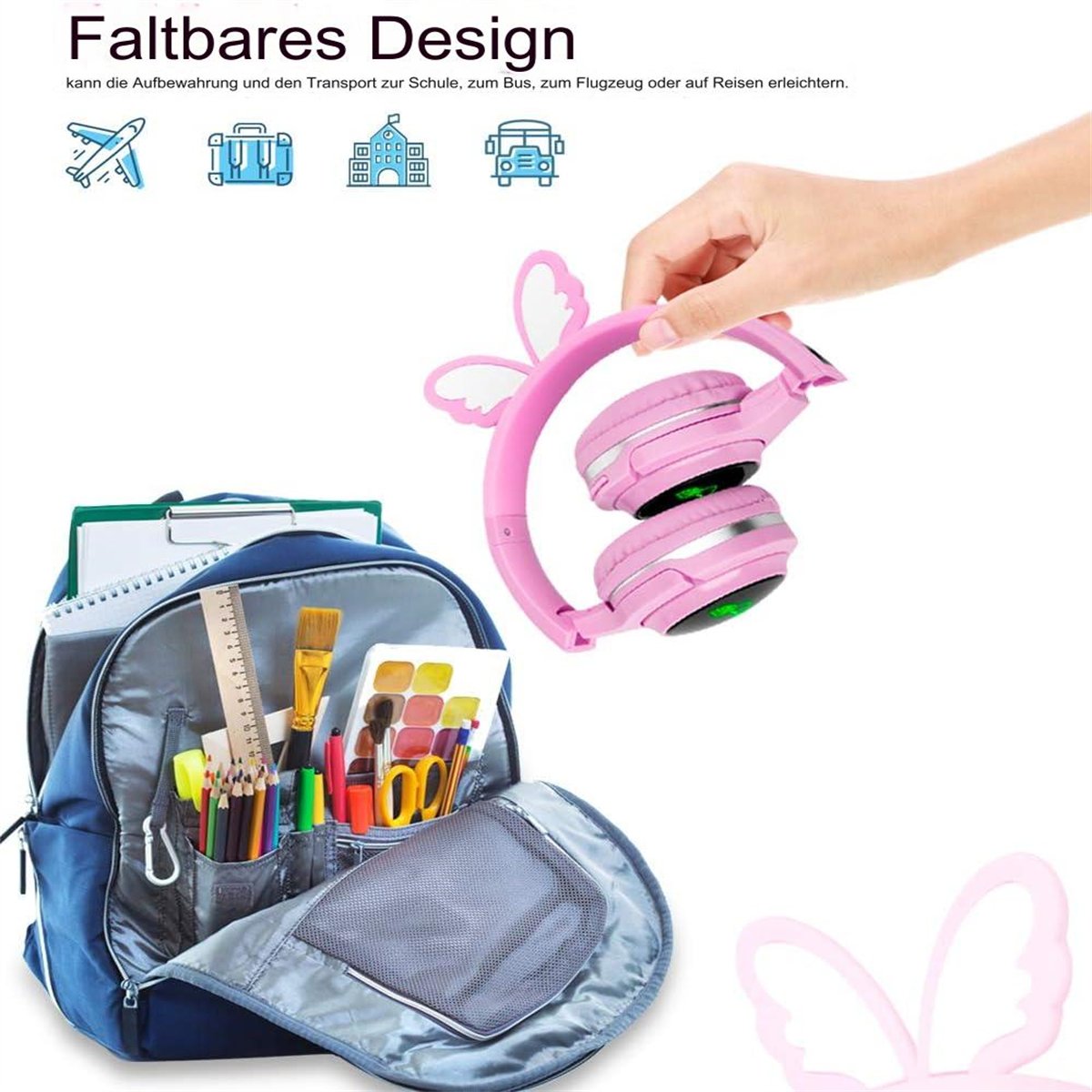 Rosa Kopfhörer mit Hasenohren werden in der Nähe eines Rucksacks mit Schulmaterialien gehalten. Reise-Icons im Hintergrund.