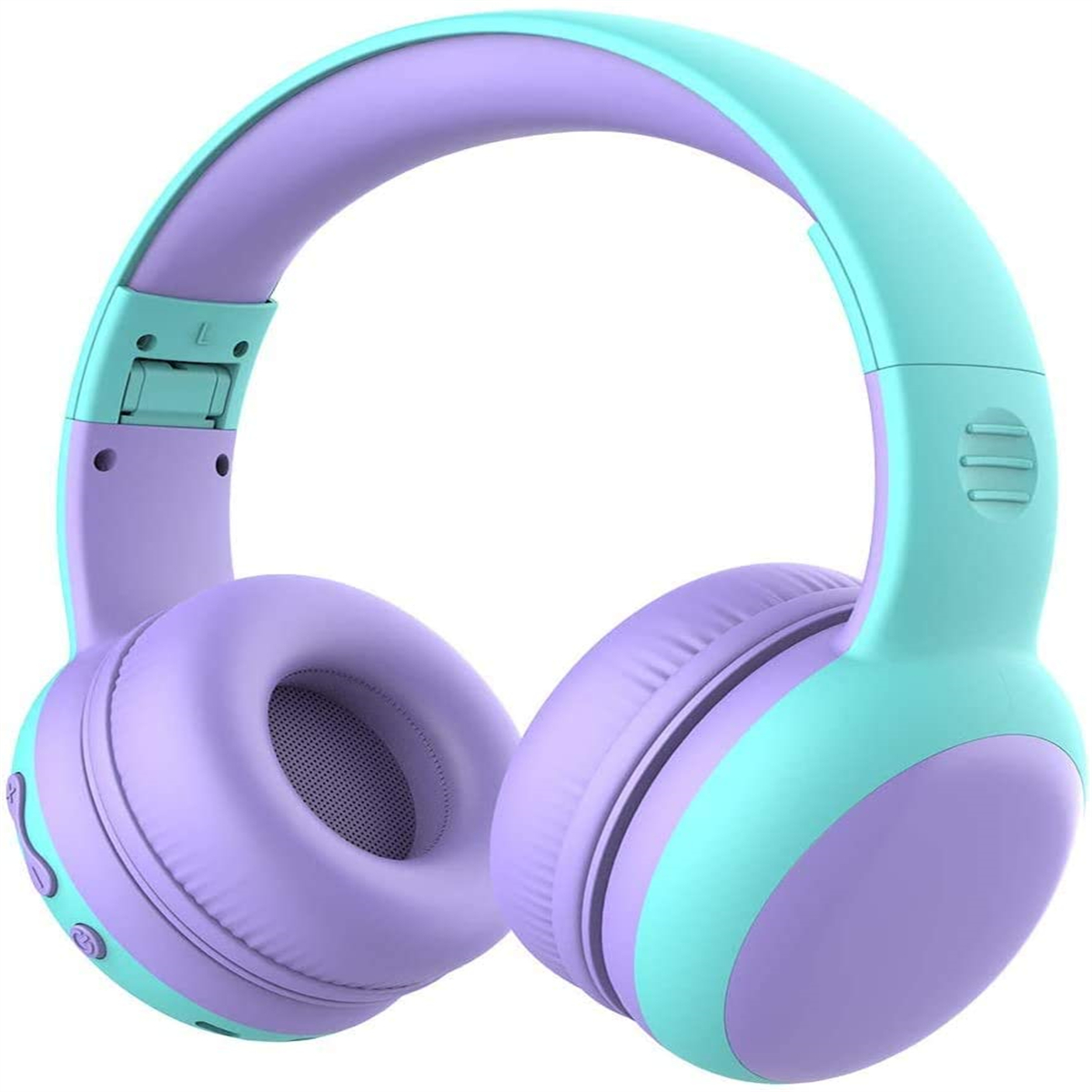 Lila und türkis Kopfhörer, mit Over-Ear-Muscheln und einem Bügel. Weißer Hintergrund.