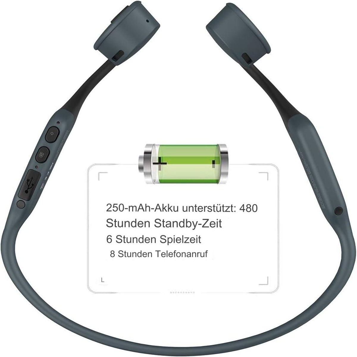 Kabellose Nackenband-Kopfhörer mit Batterieinformationen. Grau und schwarz mit einem Ladeetui.