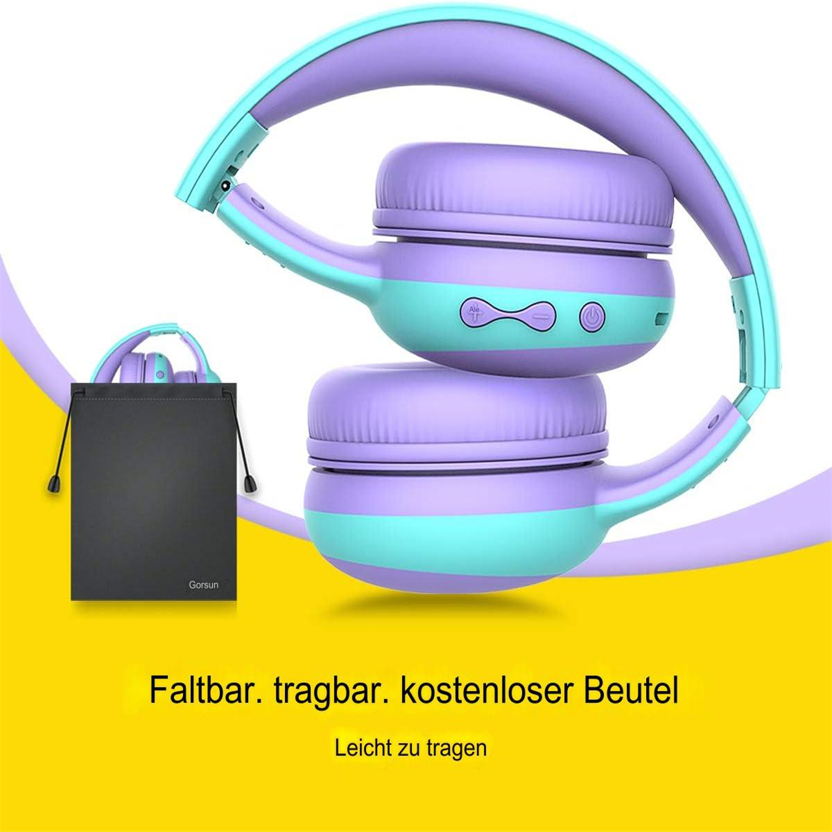 Lila und türkis Kopfhörer, gefaltet. Text: Faltbar, tragbar, kostenlose Tasche. Leicht zu tragen.