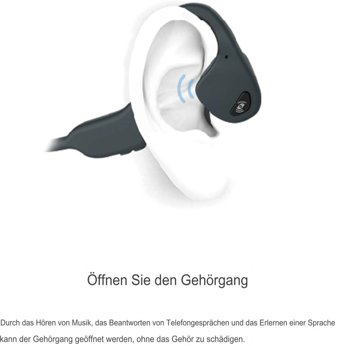 Ein Ohr mit einem grauen Ohrhörer darin, mit Text zur Förderung der offenen Ohrtechnologie.