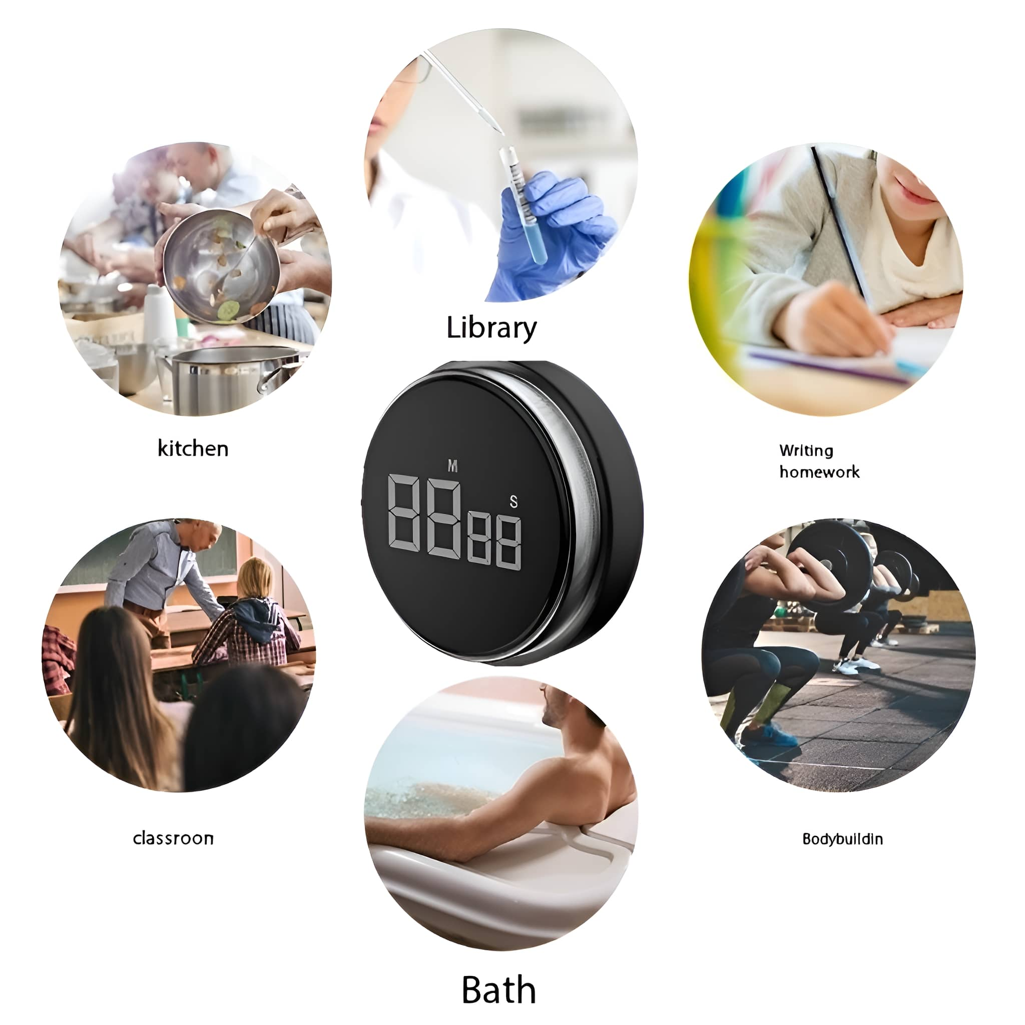 Ein Timer mit Szenen von Kochen, Lernen und Sport. Schwarz-weißes Design.
