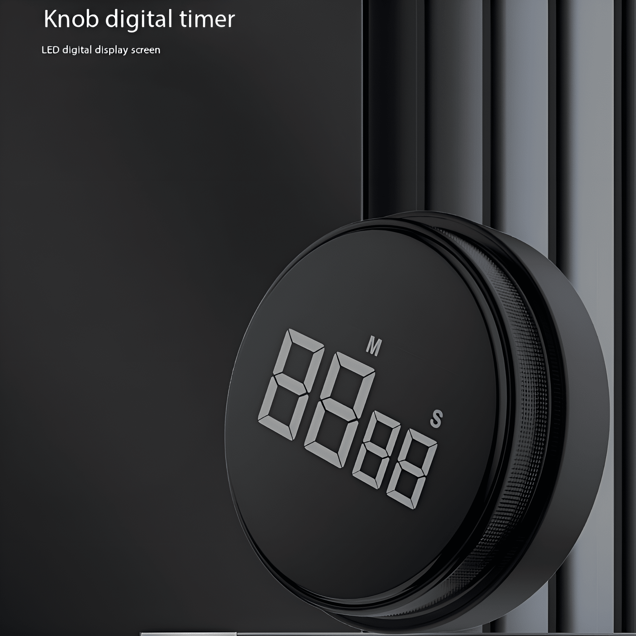 Ein schwarzer digitaler Timer mit rundem Display, das Zahlen und Buchstaben zeigt. Er steht auf schwarzem Untergrund.