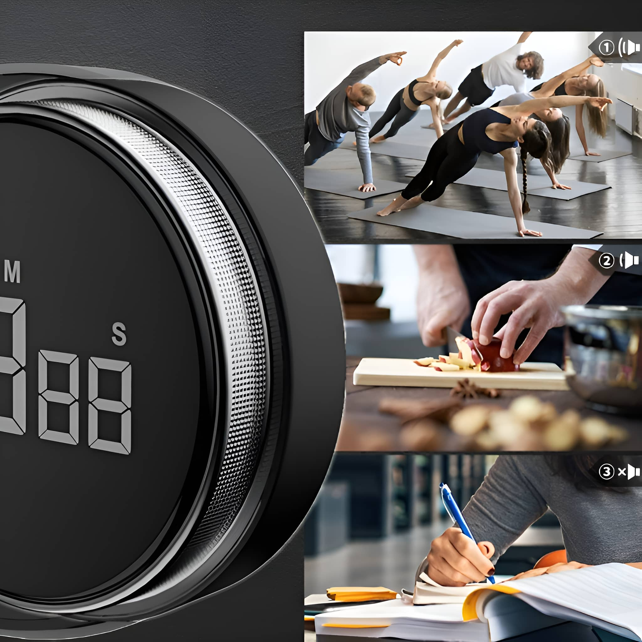 Ein schwarzer digitaler Timer mit Beispielen für Menschen, die trainieren, kochen und in ein Notizbuch schreiben.