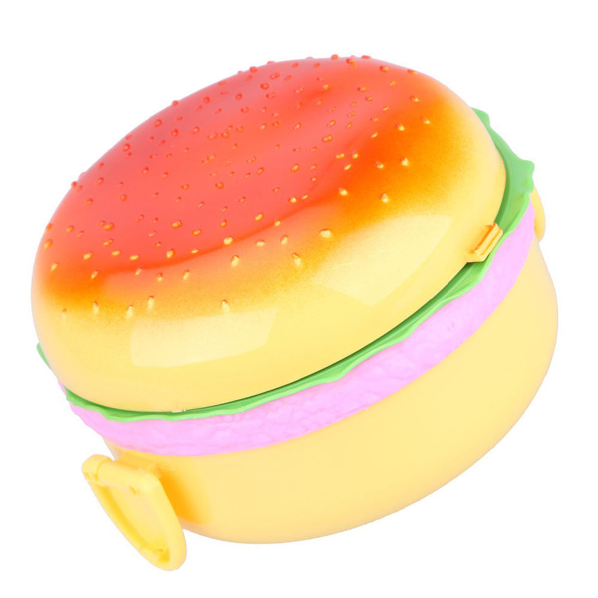 Ein gelber, burgerförmiger Behälter mit grünem und rosa Innenraum.