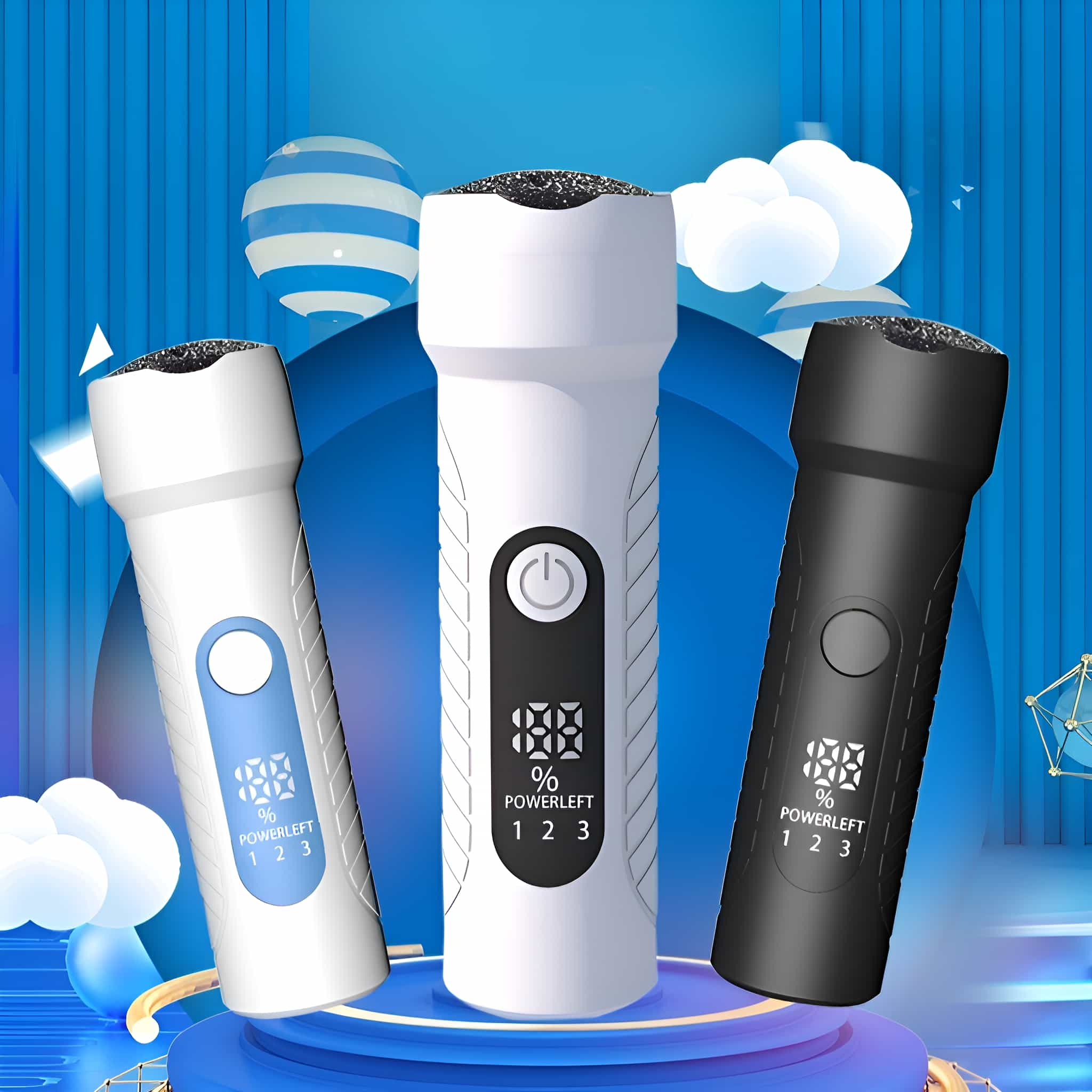 Drei Taschenlampen: weiß, blau und schwarz. Sie zeigen Leistungsstufen auf blauem, weißen und schwarzen Hintergrund.