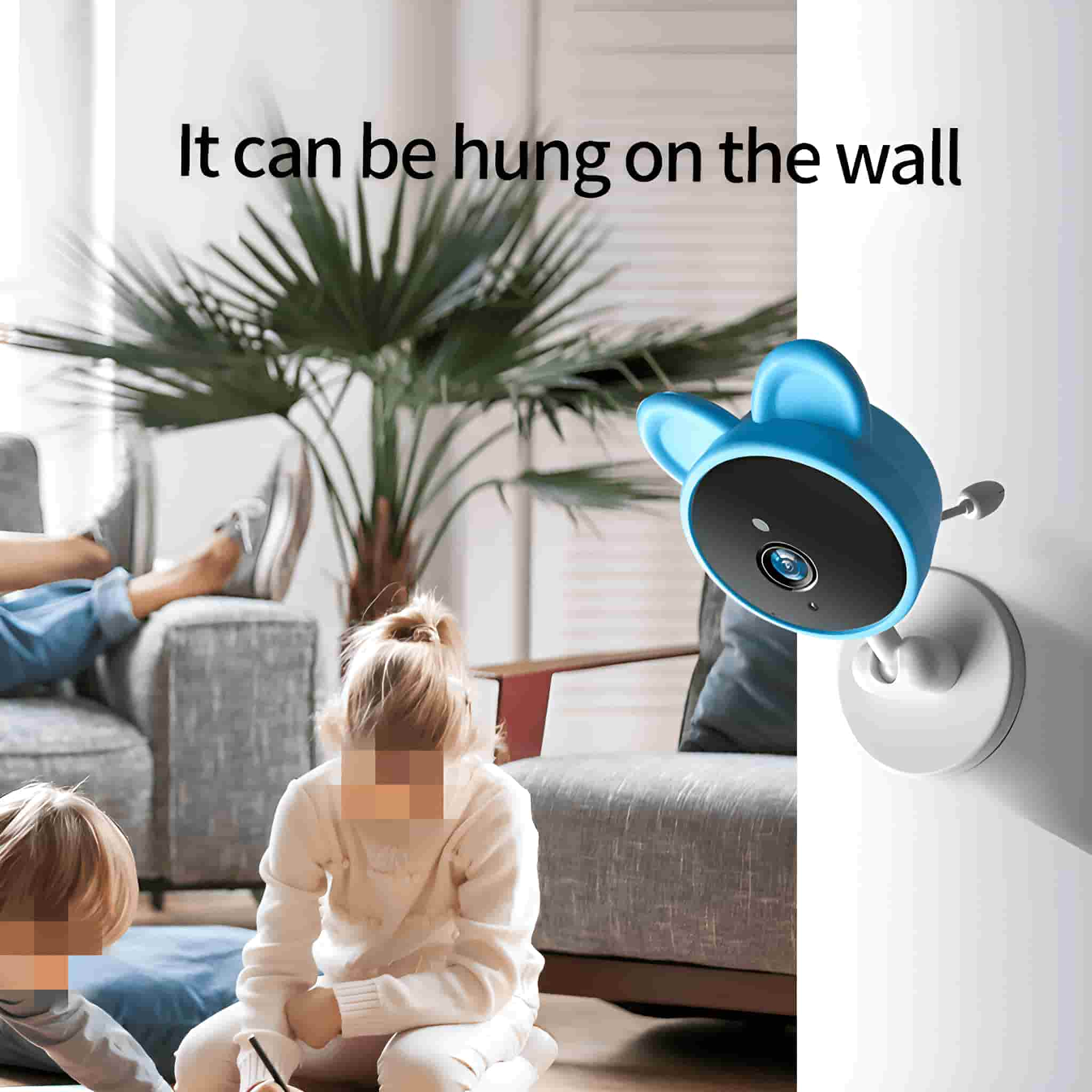 Blaue, cartoonartige Kamera an der Wand. Zwei Kinder im Hintergrund.