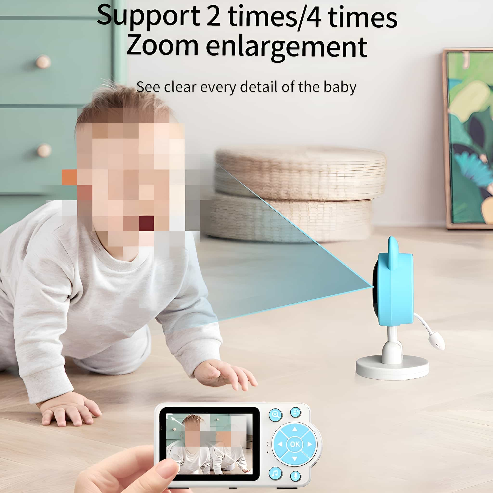 Babyphone mit Babybild, Kamera mit Zoomdetails und Steuerungsbildschirm.