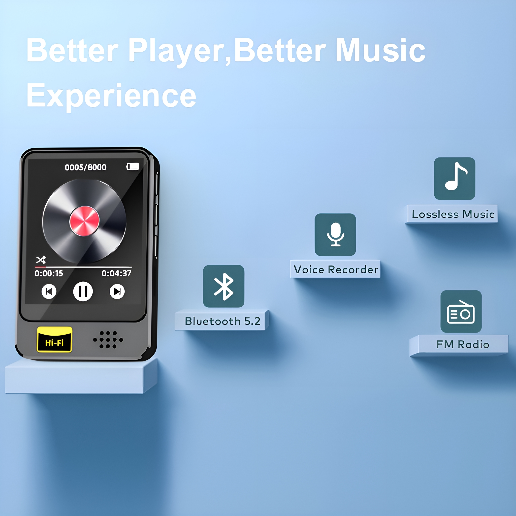 Ein schwarz-silberner digitaler Musikplayer mit Bildschirm und Symbolen für Funktionen.