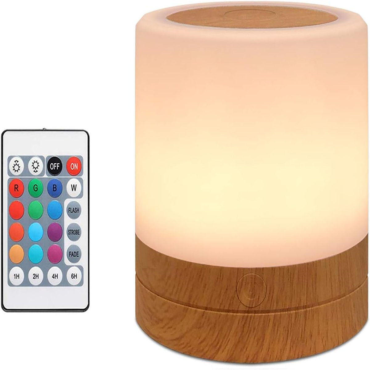 Zylindrische Lampe mit Holzsockel und Fernbedienung. Die Lampe leuchtet und zeigt verschiedene Farboptionen.