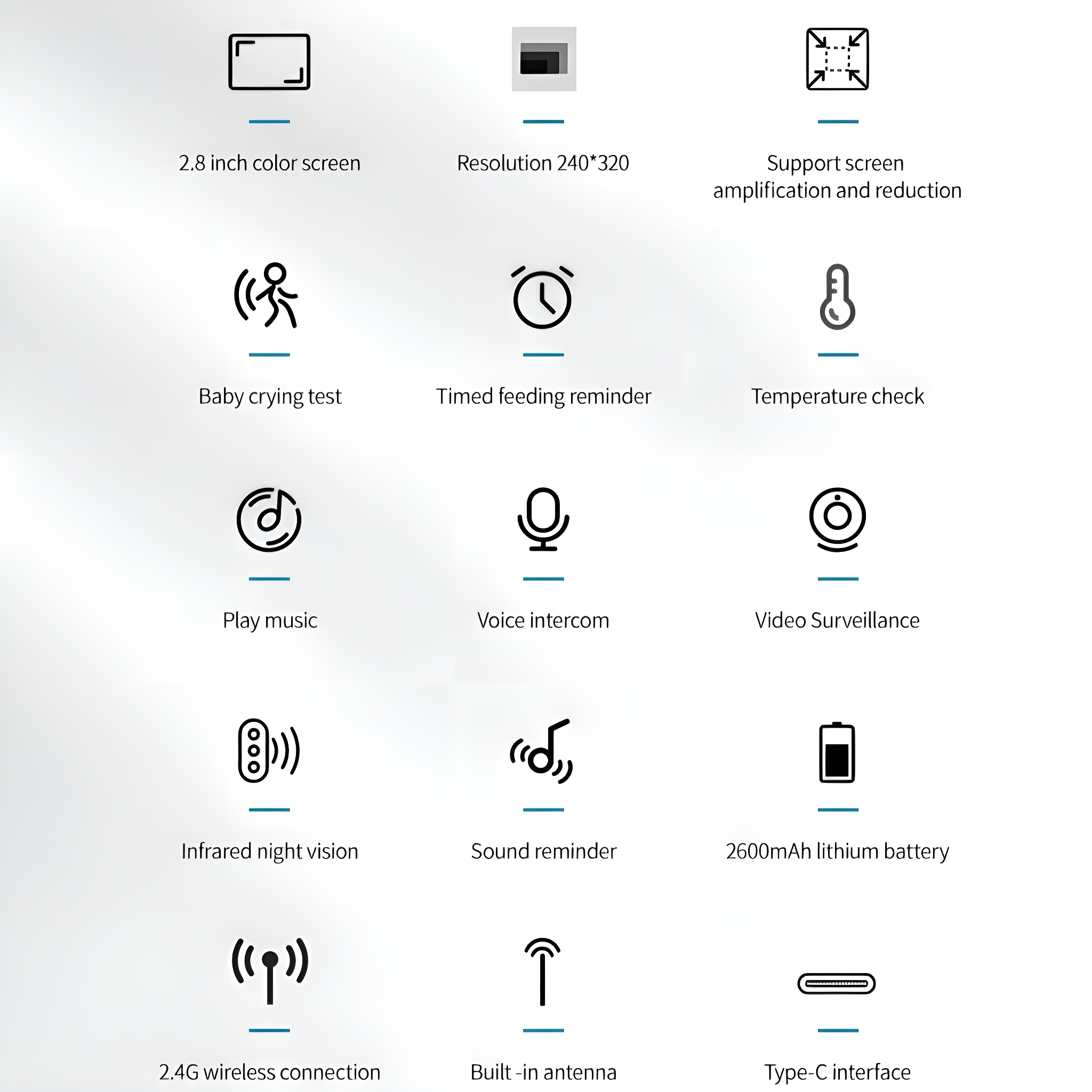 Symbole für Babyfon-Funktionen auf weißem Hintergrund: Bildschirm, Zeit, Musik usw.