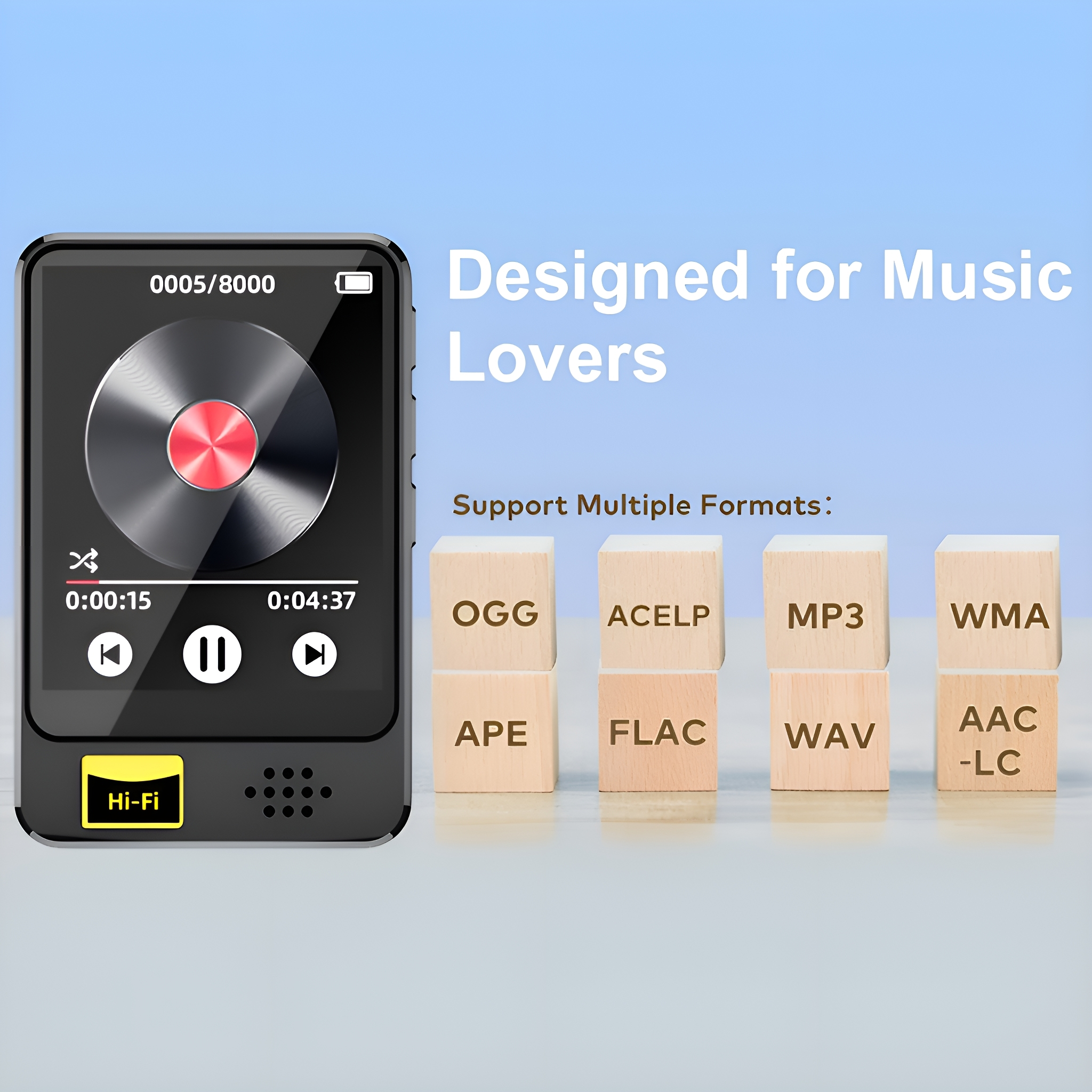 Ein schwarzer MP3-Player mit Bildschirm, Tasten und Holzblöcken mit Musikformatnamen.