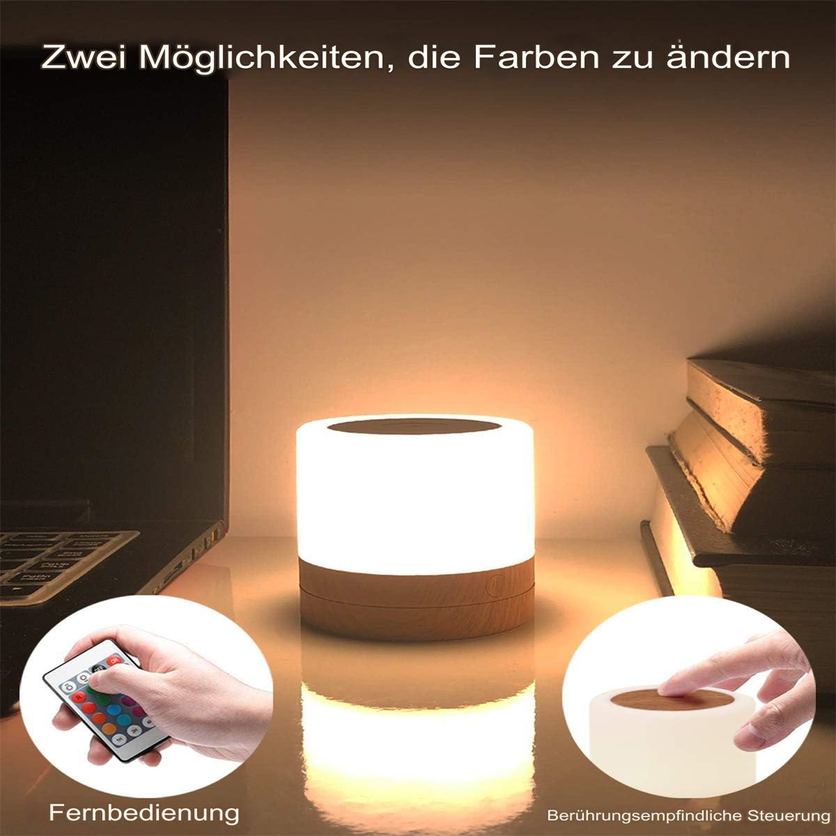 Eine weiße und braune Lampe steht auf einer Oberfläche. Eine Hand mit Fernbedienung und Touch-Steuerung ist gezeigt.