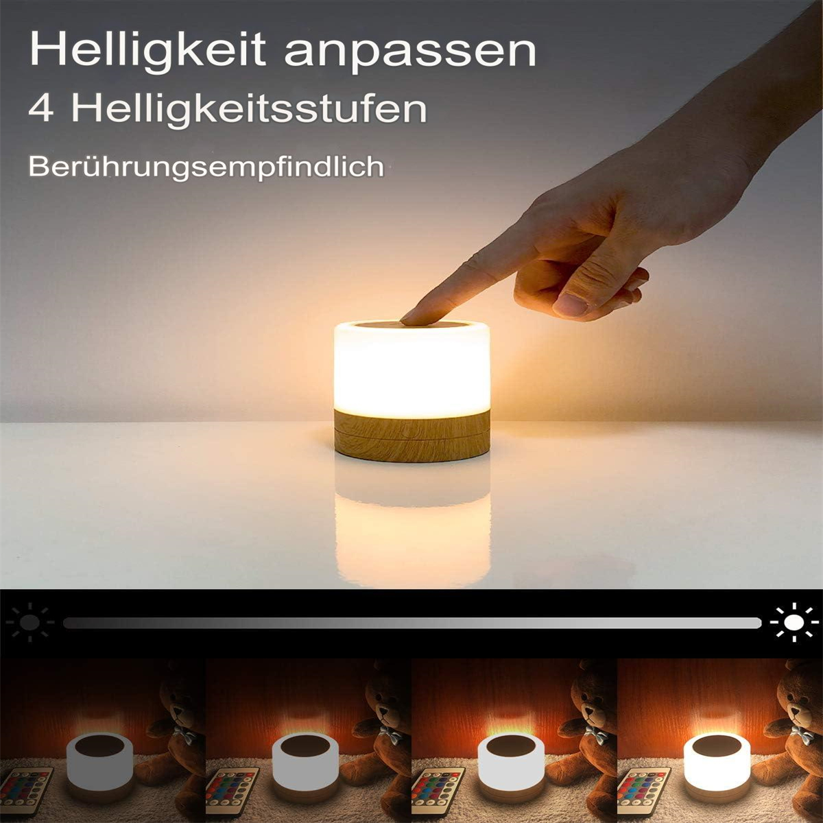 Eine berührungsempfindliche Lampe, mit einer Hand, die die Oberseite berührt, zeigt verschiedene Helligkeitsstufen.