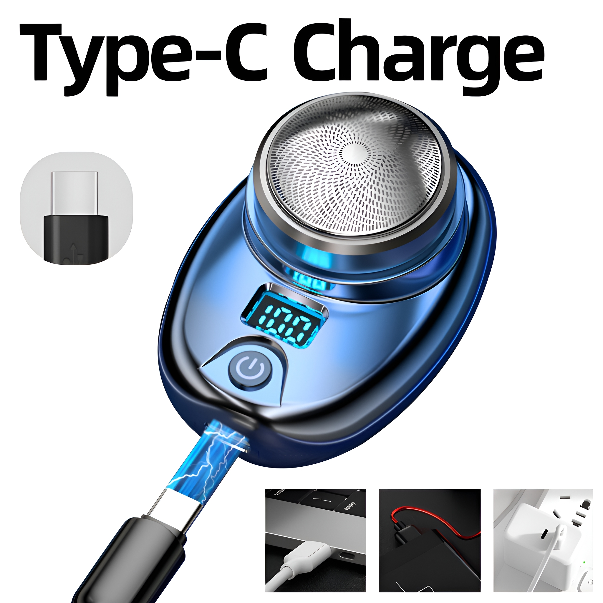 Blauer Elektrorasierer mit Ladekabel. Nahaufnahme des Ladeendes und der Steckdose. Weißer Hintergrund.